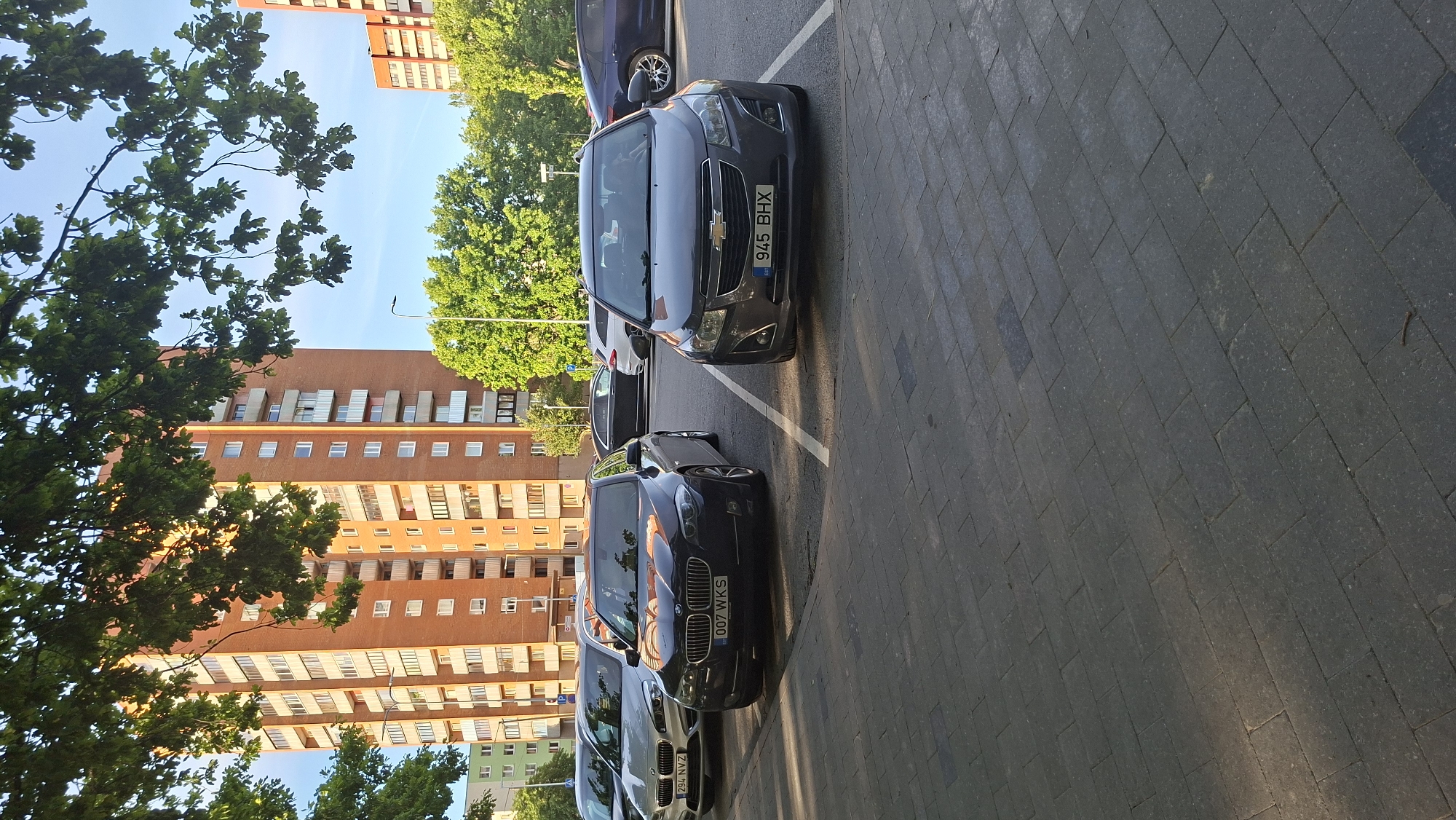 The image shows a row of cars parked on a paved surface in front of apartment buildings. The cars are parked in marked spots. The foreground features the rear of several dark-colored sedans. One of these, a dark blue BMW, has a license plate reading "007 WKS". To its left, a lighter colored sedan has a license plate "294 NVZ". Further down the row, a dark gray Chevrolet is visible with a license plate reading "945 BHX". The cars are parked on a gray, brick-patterned pavement.
Behind the cars, several multi-story apartment buildings with red brick facades are visible. The buildings have numerous windows and balconies. Lush green trees with dense foliage frame the scene, with some branches and leaves extending into the foreground. The sky above is a clear blue. The lighting suggests it is daytime, likely late afternoon or early evening, given the warm sunlight casting shadows. The overall scene depicts a residential area, possibly in Tallinn, Estonia, as indicated by the context. There are no people visible in the image.