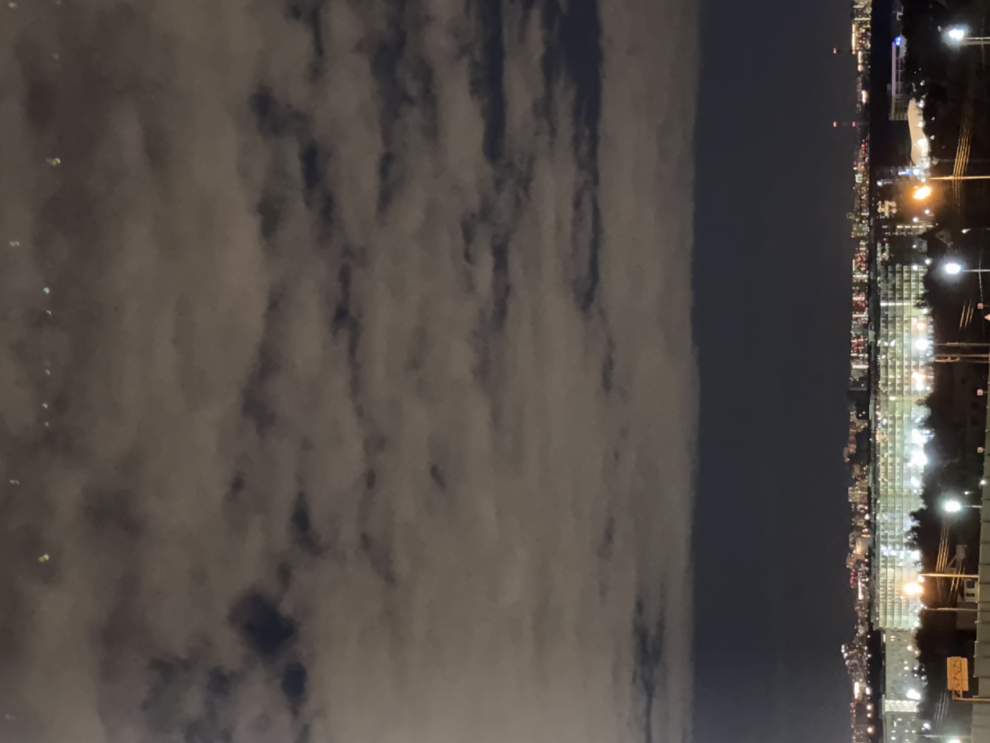 This media file shows a nighttime view of a cityscape with a cloudy sky. The image is oriented vertically. On the left side, the sky is filled with dark, swirling clouds that obscure any stars or moon. The clouds appear textured, with lighter and darker patches indicating variations in density and illumination.
The right side of the image displays a city skyline. Numerous buildings are visible, many illuminated with bright lights, suggesting a bustling urban environment. Streetlights and other artificial lights dot the landscape, casting a warm glow. The lights create a sense of depth and activity within the city. In the foreground of the city scene, there are some signs and utility poles, suggesting the presence of infrastructure like roads and power lines. Trees are also visible, silhouetted against the city lights.
The overall impression is one of a dynamic urban scene under a dramatic night sky. The contrast between the dark, textured clouds and the brightly lit city is striking. The time of day is clearly night, as evidenced by the artificial illumination of the city and the dark sky. The weather appears overcast due to the dense cloud cover. The location is identified as Odintsovo, Russia. There is no discernible text within the visible portion of the image.