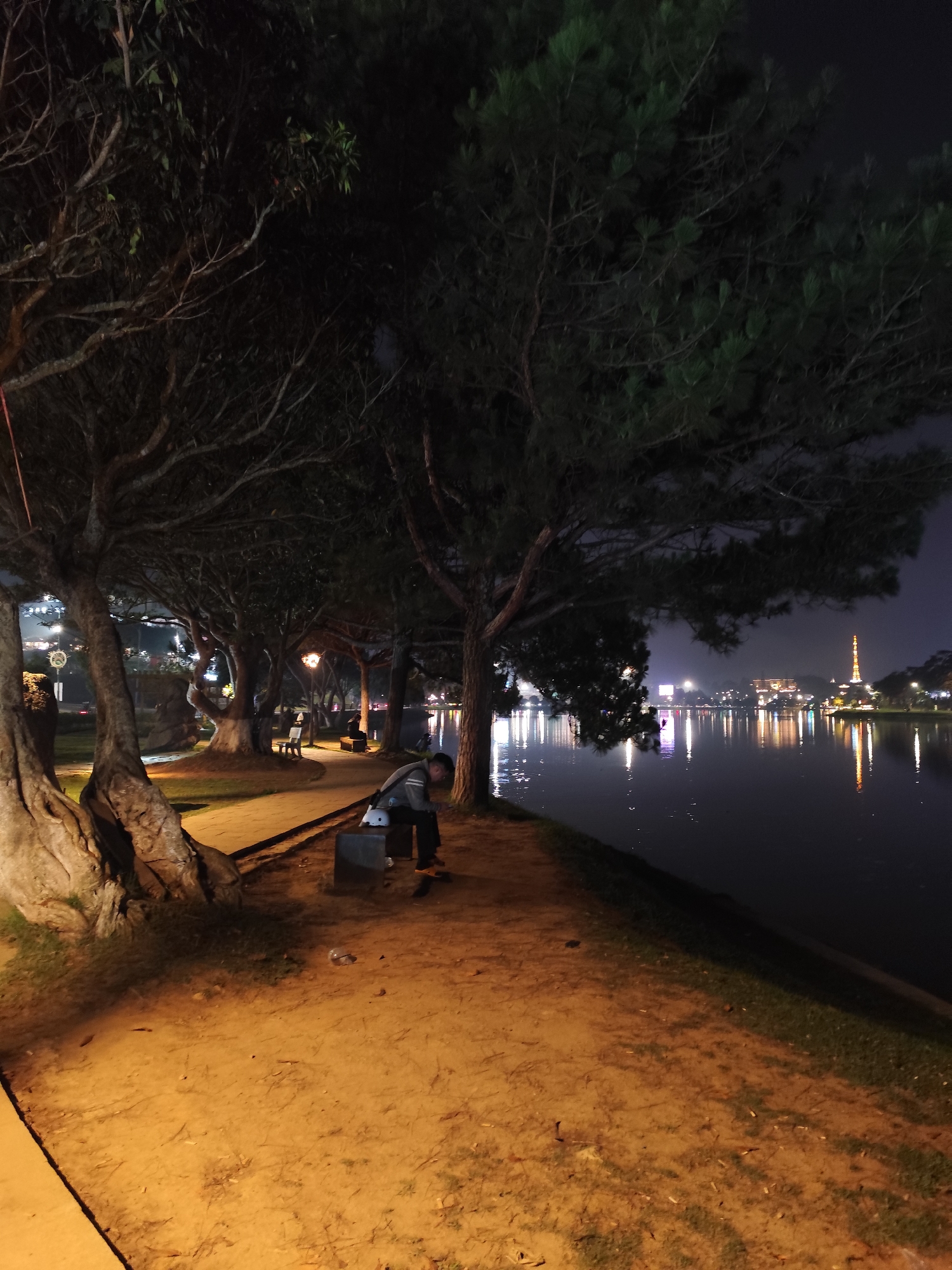 The image captures a serene nighttime scene along a lakeside promenade in Da Lat, Vietnam. Large, ancient-looking trees with thick trunks and extensive root systems line a dirt and paved pathway on the left side of the frame, their dense foliage silhouetted against the dark sky. The ground beneath the trees and path is illuminated with a warm, orange glow from unseen light sources, creating strong contrasts with the deep shadows.
In the mid-ground, a lone individual, a male wearing a jacket and trousers, is seated on a dark bench, with a white helmet resting beside him. He appears to be looking downwards or observing something nearby. Further along the pathway, more benches and streetlights can be seen, leading into the distance.
To the right, a calm body of water, likely a lake, stretches across the frame, reflecting the vibrant artificial lights of a distant city. The reflections create vertical streaks of light on the water's surface. On the far bank, a cityscape with illuminated buildings and a prominent, tall, illuminated tower stands out against the dark night sky. The scene evokes a peaceful and tranquil atmosphere, typical of an evening stroll by the water. There is no visible text in the image.