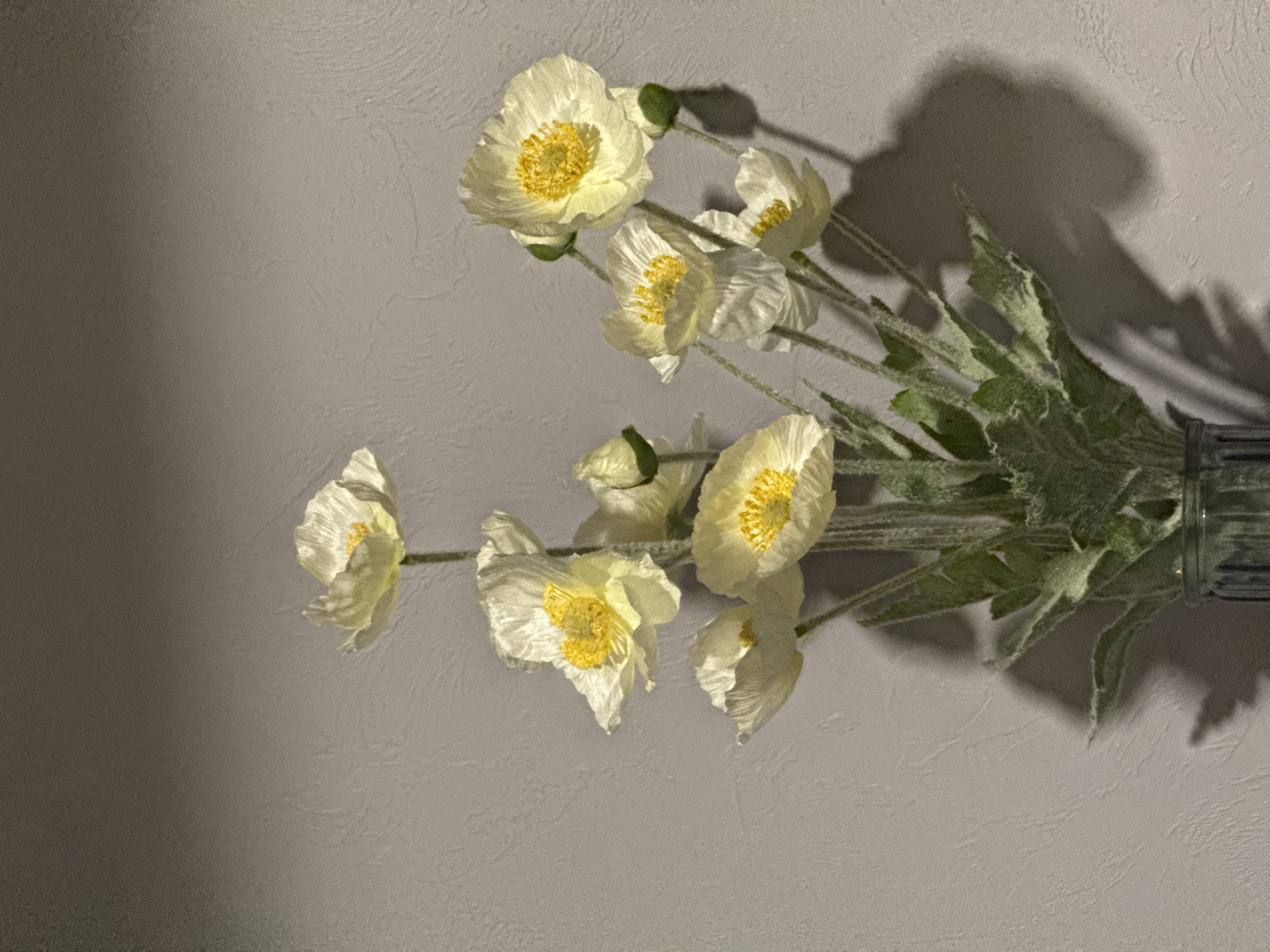 The image presents a bouquet of artificial flowers, likely made of fabric, with white petals and yellow centers, positioned against a textured, light-gray wall. The flowers are arranged in a transparent vase. A shadow of the flowers and foliage is cast on the wall behind them. The scene is indoors, illuminated by an artificial light source that creates the shadow. There is no verifiable evidence to suggest the image was taken in Votkinsk, Russia. There are no people, actions, or interactions visible in the image.