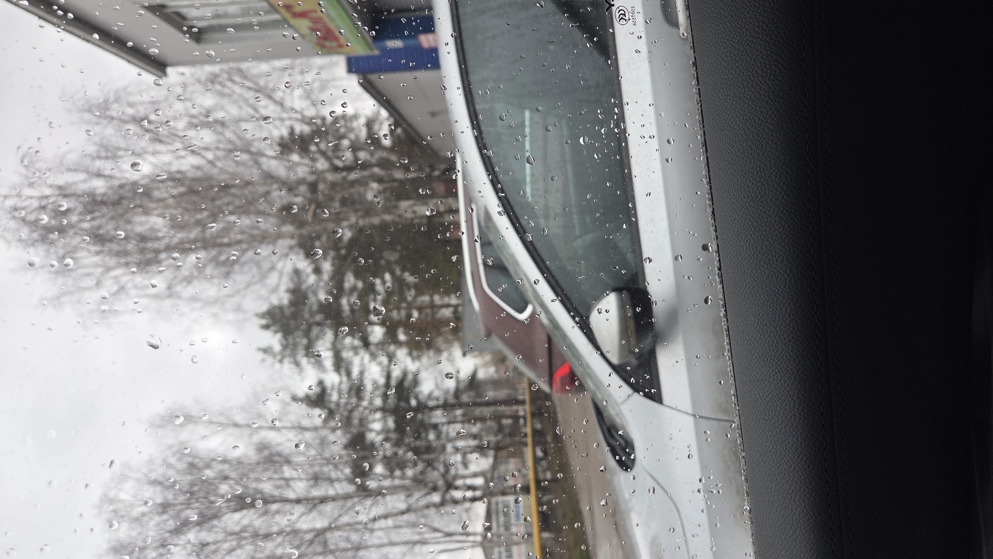 The image, taken from inside a vehicle on a rainy day, shows a view through the wet windshield. Bare trees are visible in the background, along with a building with signage, suggesting a commercial area. Part of a white vehicle, possibly the one the picture is taken from, is visible on the right, featuring a side mirror. The black interior of the vehicle is partially visible on the right edge. It appears to be taken somewhere in the city of Chaikovsky, Russia.
