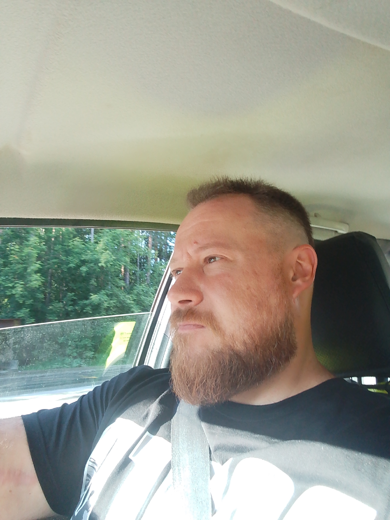 A man with a full beard and a fade haircut is seen from the chest up, inside a car. He is wearing a black t-shirt with a graphic design. He is looking to the right, out of the car window. The background outside the window shows a dense forest with tall green trees, suggesting a rural or suburban location, not specifically within the city of Chaikovsky, Russia. The interior of the car shows the headrest of a seat behind him and part of the car's ceiling and window frame. The lighting suggests it is daytime.