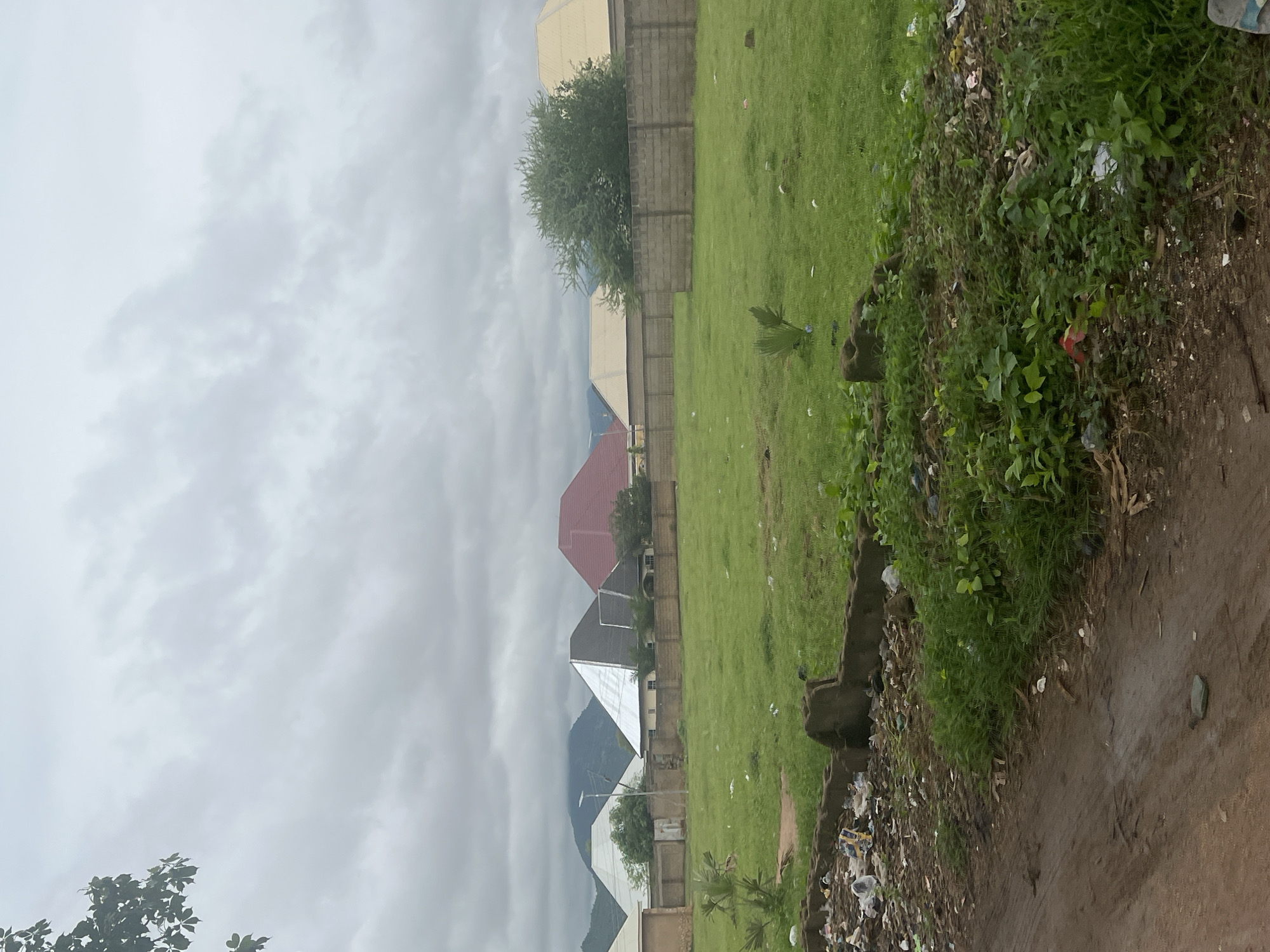 This is an outdoor, eye-level, vertical shot taken in Jalingo, Nigeria, on an overcast day. The foreground features a muddy dirt road with some sparse green vegetation and debris. Beyond the road, a patch of land is littered with trash. A low, dilapidated concrete structure borders this area. Further back, a well-maintained lawn stretches out, bordered by a brick wall. Several houses with distinct, angular roofs in shades of white, grey, and red are visible behind the wall. A lush green tree stands prominently in the mid-ground. In the background, mountains are partially obscured by clouds. A lone lamppost stands in the grassy area. A few scattered pieces of trash are visible on the lawn.