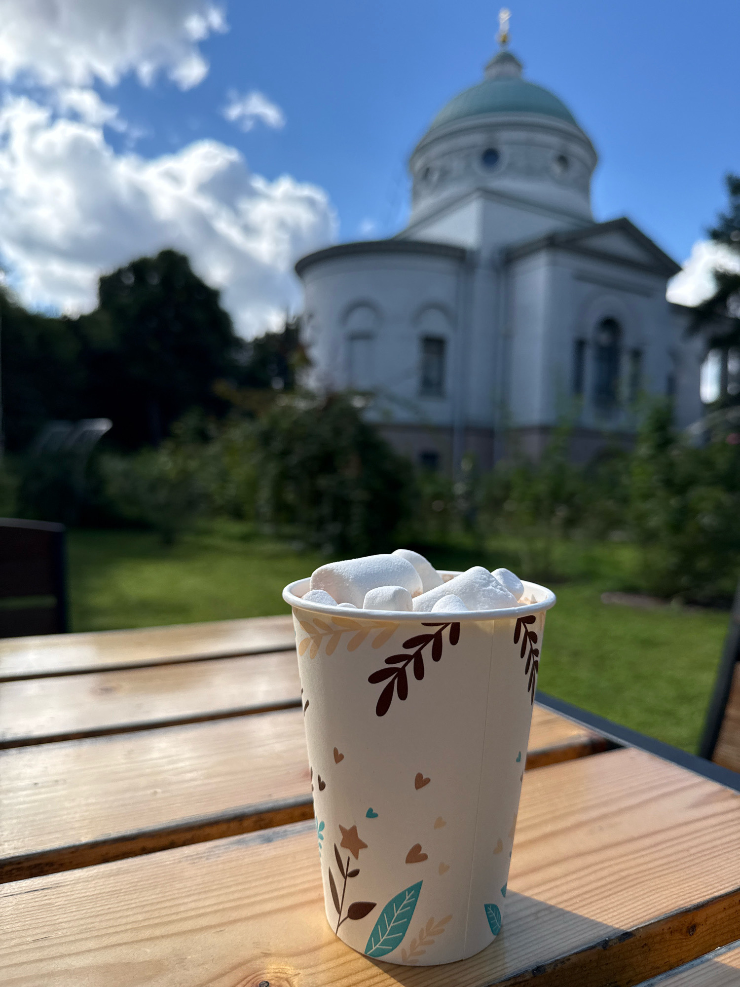 A close-up shot focuses on a paper cup filled with marshmallows, resting on a light-colored wooden table. The cup is decorated with a floral pattern of leaves and hearts in brown, teal, and beige. In the background, a white domed building with a golden spire is visible, situated within a green, manicured lawn and surrounded by trees. The sky above is blue with scattered white clouds. The scene appears to be set outdoors, likely in a park or garden area of the посёлок дачного хозяйства «Архангельское», Russia, given the architectural style and landscaping.