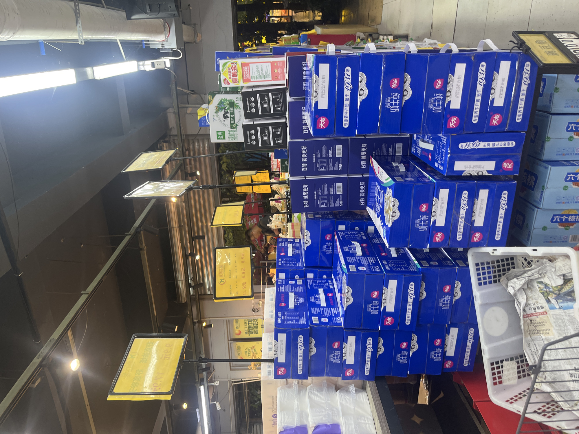 The image captures a supermarket or grocery store aisle, primarily featuring a large display of stacked milk cartons. The main subjects are numerous blue boxes of "天友纯牛奶" (Tianyou Pure Milk), arranged on shelves and forming a prominent display in the foreground and midground. To the left, a smaller display of white and green cartons, possibly of the "金典" (Jin Dian) brand, is visible. On the far right, light blue boxes labeled "六个核桃" (Six Walnuts), which is a popular beverage brand, are partially visible.
In the foreground on the right, a white plastic shopping basket, containing crumpled paper and possibly some product packaging, is placed next to the milk display. Above the aisles, yellow rectangular price signs are suspended, some of which are illuminated. Bright fluorescent lights are visible along the ceiling, providing ample illumination to the store. In the background, indistinct figures of people can be seen, suggesting other shoppers or store employees. The setting is clearly an indoor retail environment.
Visible text includes product names like "天友纯牛奶" (Tianyou Pure Milk), "金典" (Jin Dian), and "六个核桃" (Six Walnuts). Slogans such as "专业养牛产奶始于 1931年" (Professional dairy farming began in 1931) and "百特就要更好" (Better will be better) are present on the milk cartons. Price tags show "11.9元", "6.9元", and "8.9元". Other phrases like "原产地有机" (Organic origin), "健康中高端好活" (Healthy mid-to-high-end good life), and "赢黄金!! 100%中奖" (Win Gold!! 100% winning rate) are also legible on various product labels and signs. The overall scene depicts a well-stocked retail space in what appears to be Jiulongpo District, China.