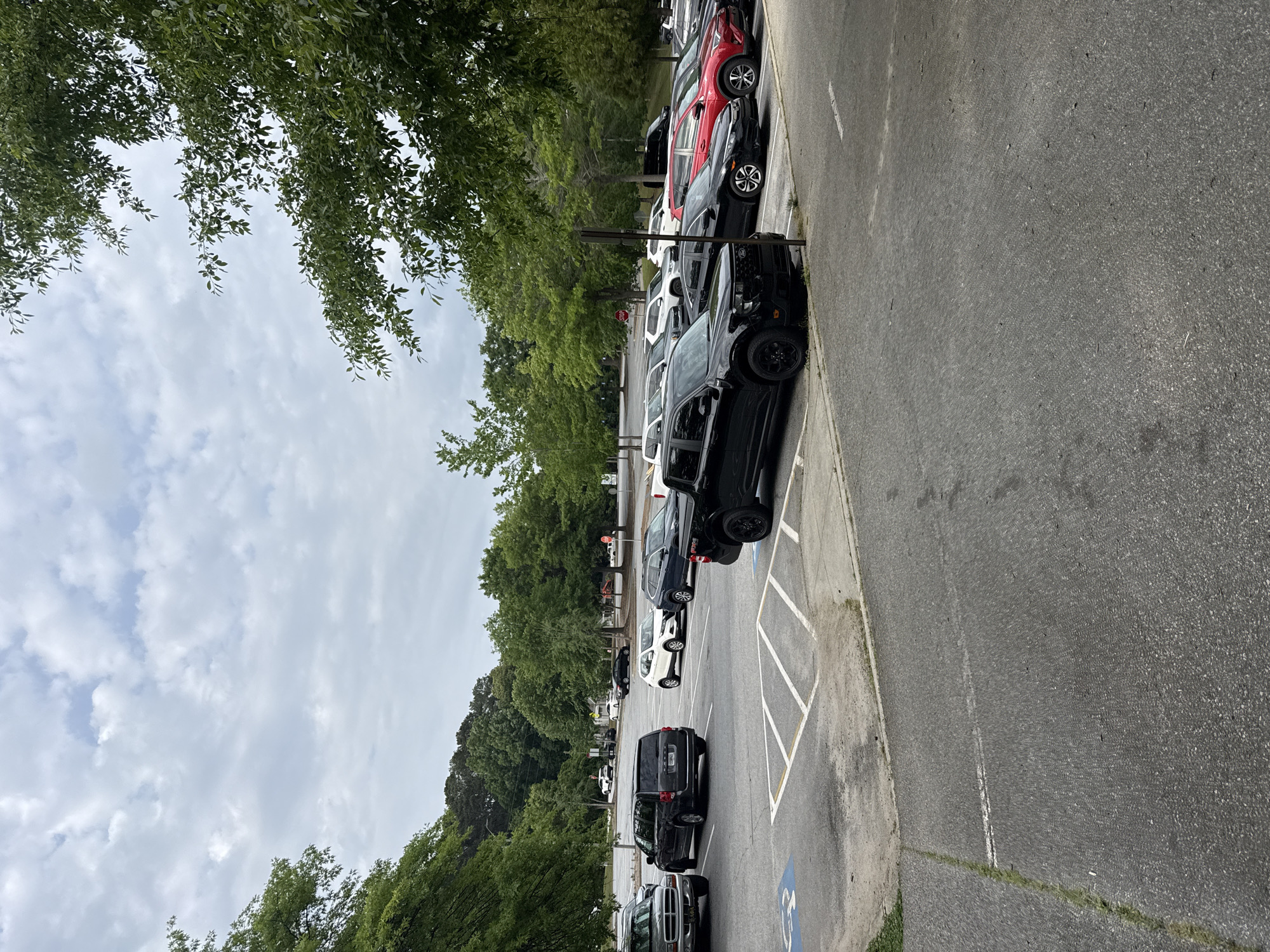 The image depicts an outdoor parking lot in what appears to be a densely wooded area, likely in Mountain Park, United States of America. Numerous cars, varying in color and make, are parked in marked spaces along the edge of a paved road. The parking spaces on the lower left side of the image are marked with the international symbol of access, indicating accessibility for disabled individuals. A dense canopy of trees with green foliage overhangs the parking area, with some branches visible in the top left corner and lining the left side. The sky is visible through the trees, exhibiting a cloudy overcast. A "STOP" sign is visible along the parking lot. The image has been rotated 90 degrees counterclockwise.