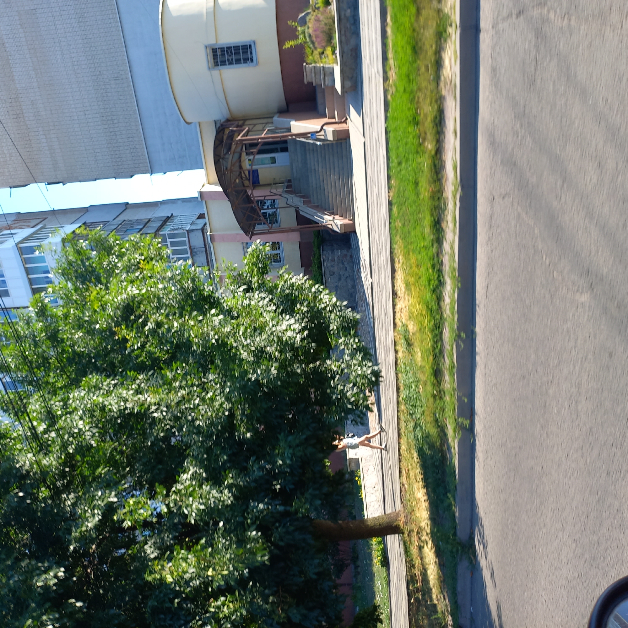 This image depicts a street scene in Kropyvnytskyi, Ukraine, with a large tree in the foreground on the left. Behind the tree, a multi-story building with a light-colored facade and numerous windows is visible. To the right of the tree, there is a light yellow and maroon colored building with a covered entrance featuring a staircase and handrails. A woman is walking on a paved path in front of the tree. The scene is illuminated by sunlight, casting shadows on the ground, and the overall environment suggests an urban setting with residential or commercial buildings.