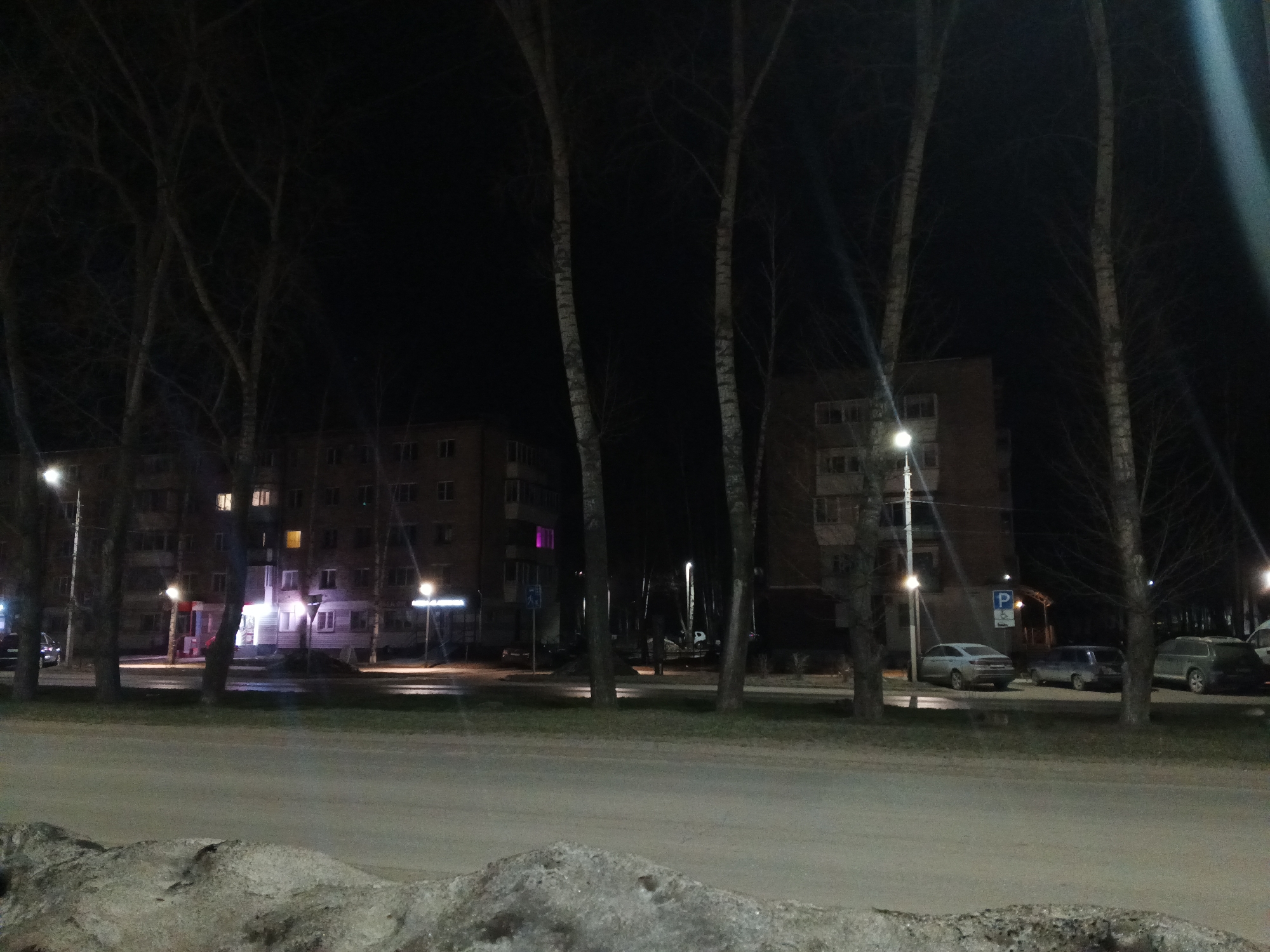 The image depicts a nighttime scene in Chaikovsky, Russia. Two multi-story buildings are visible in the background, illuminated by streetlights and some illuminated windows. Several bare trees stand between the viewer and the buildings, partially obscuring the view. A paved street runs across the foreground, and a low pile of snow or debris is visible in the bottom. Several parked cars are along the side of the road. A parking sign is present. Overall, the scene is dark and urban.
