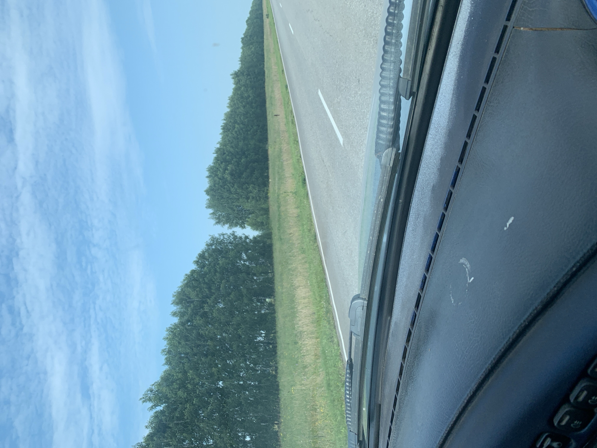 The image shows a view from the dashboard of a vehicle, looking out at a two-lane asphalt road bordered by a grassy field and a dense line of trees. The sky is a clear blue with scattered white clouds. The foreground shows the dark textured dashboard of the car and a portion of the windshield. The road extends into the distance and curves slightly to the left. The trees appear to be deciduous, with lush green foliage. There are no people or animals visible in the image. The scene suggests a daytime drive through a rural or semi-rural area in Russia.