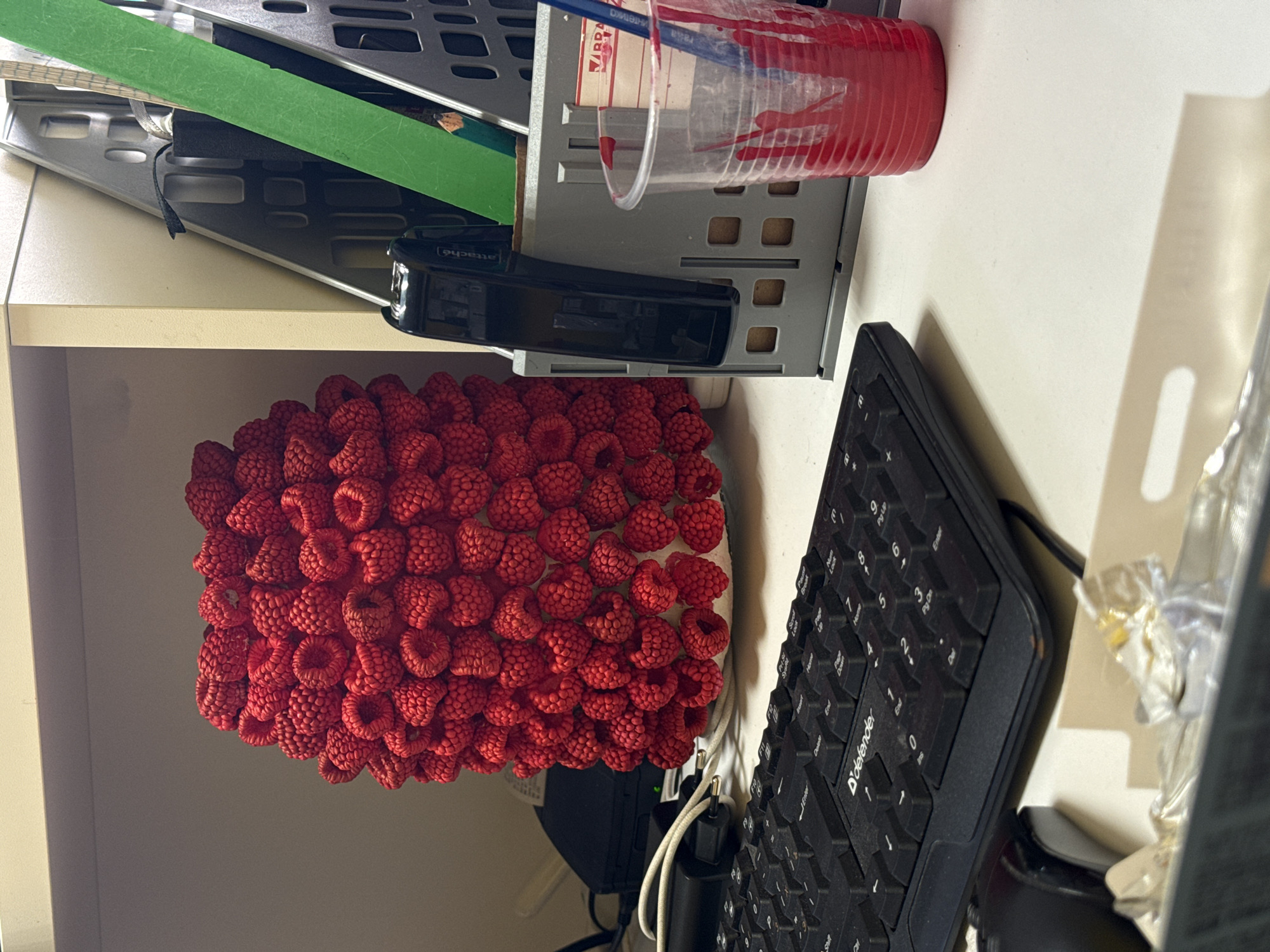 A close-up shot, oriented sideways, reveals a collection of office and craft supplies interspersed with an unexpected item: a large gathering of raspberries. Dominating the lower left quadrant, the raspberries are densely packed, creating a dome-like shape. To the right of the raspberries sits a black computer keyboard with the brand name "Defender" visible on the keys. Above the raspberries, towards the center of the frame, is a black stapler. Further up, a metal rack-like structure is visible, partially obscured by a green rectangular item. A plastic cup filled with red liquid sits atop the rack. To the right of the cup, on the upper right of the frame, is a white surface. The image also contains a partial view of a trash bag. The setting appears to be a cluttered desk or workspace, with a white or light-colored shelf visible in the background.