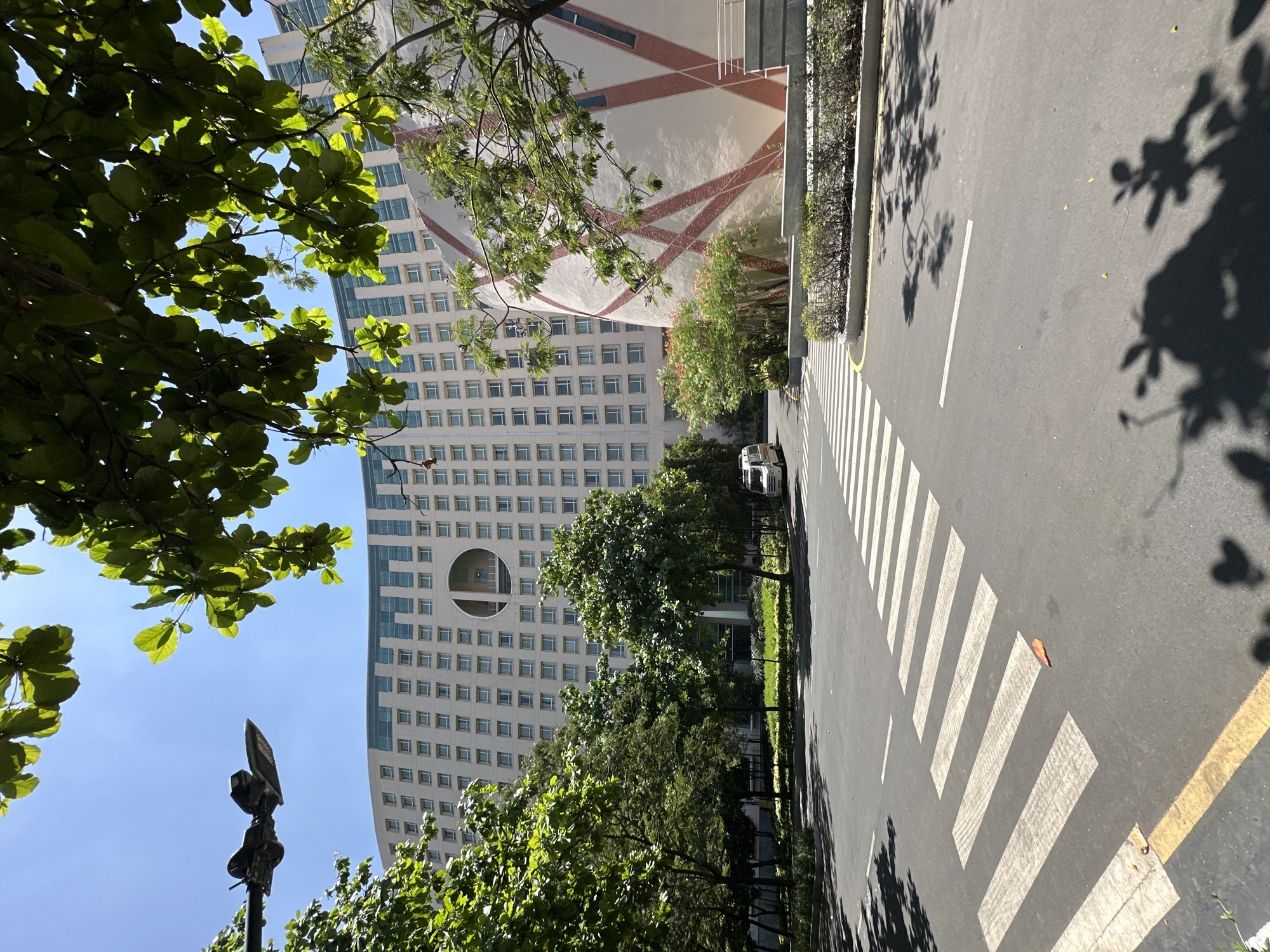 Here's a description of the image:
The image shows a street scene in what appears to be an urban or suburban area. The road is asphalt, with a pedestrian crosswalk marked by broad white stripes. A yellow line is visible along the edge of the road.
Buildings are visible in the background. One is a tall, modern building with a distinctive circular opening. Another building is clad in pale stone and has a network of diagonal reddish-brown stripes.
Trees line the street, with foliage partially obscuring the view of the buildings and casting shadows on the road. The image appears to have been taken during the day, with bright sunlight. A street lamp is visible on the left side.
The information provided suggests a possible location in Marunji, India, but that cannot be conclusively determined from the image alone.