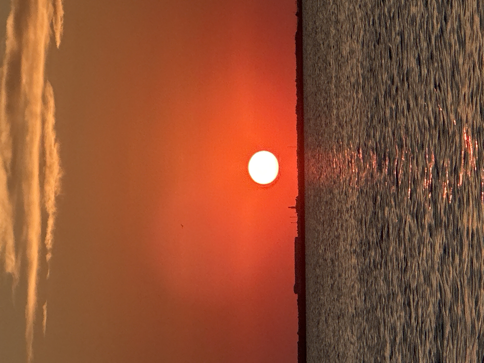 A vertical, full-frame, eye-level shot captures a sunset over a body of water. The sun, a bright, circular orb, is positioned slightly left of center, casting a vibrant orange glow across the entire scene. The sky is a gradient of orange and red hues, with wispy clouds tinted yellow and orange towards the top. A thin, dark horizon line, indicating land, is visible across the middle of the frame. Silhouetted structures, possibly buildings and industrial elements, are faintly discernible on the land. The water in the foreground reflects the sunset's colors, creating a shimmering, textured surface. The overall impression is one of a serene, natural landscape at dusk.