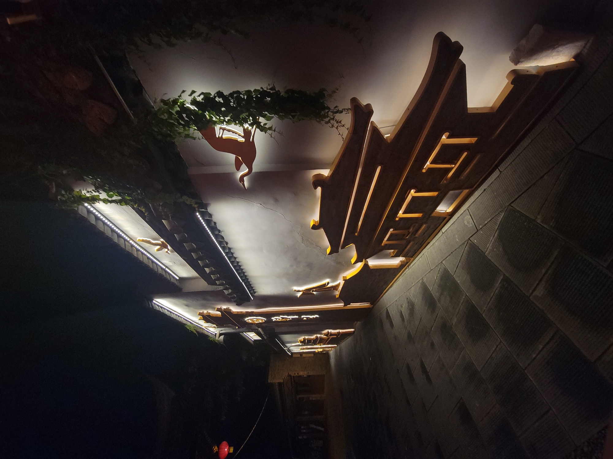 An outdoor nighttime scene in the Wuhou District of China shows a narrow pedestrian walkway next to a white stucco wall. The wall is adorned with decorative lighting and architectural elements that mimic traditional Chinese rooflines. A large, stylized silhouette of a bird in flight is mounted on the upper portion of the wall, illuminated by a backlight. Green vines cascade down from the top of the wall, partially obscuring the bird and the upper decorative lights. The walkway is paved with dark, rectangular stones, and a red lantern is visible hanging from a wire on the left side of the image, suggesting a traditional or festive atmosphere. The overall scene is illuminated by artificial lighting, creating a dramatic contrast between the brightly lit architectural features and the surrounding darkness.