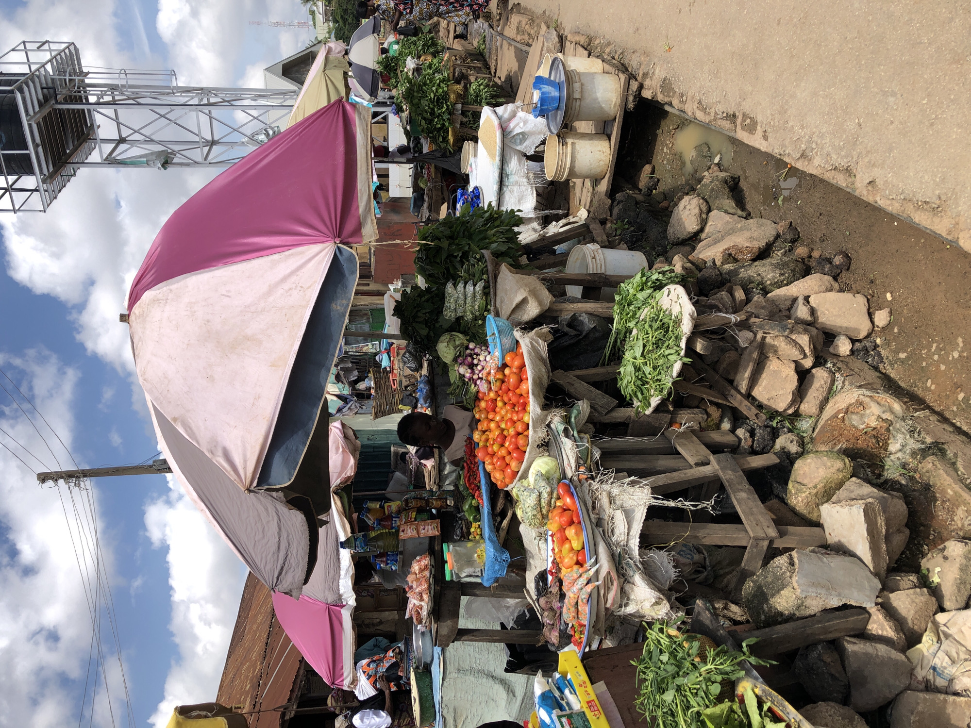 The image depicts a bustling open-air market scene in Jos, Nigeria, under a bright, cloudy sky. A variety of fresh produce, including tomatoes, onions, and leafy green vegetables, are prominently displayed on wooden stalls and in woven baskets. Several large umbrellas provide shade for the vendors and their goods. In the foreground, a young woman is attending to a stall piled high with tomatoes. A man is visible behind her, seemingly engaged in market activities. The market infrastructure appears rustic, with some stalls built on stacked rocks and wooden planks. A narrow drainage ditch runs alongside the market, filled with murky water and debris. In the background, a tall water tower stands out against the skyline, a prominent landmark in the urban landscape of Jos. The overall impression is one of a vibrant, lively marketplace, typical of many African cities.