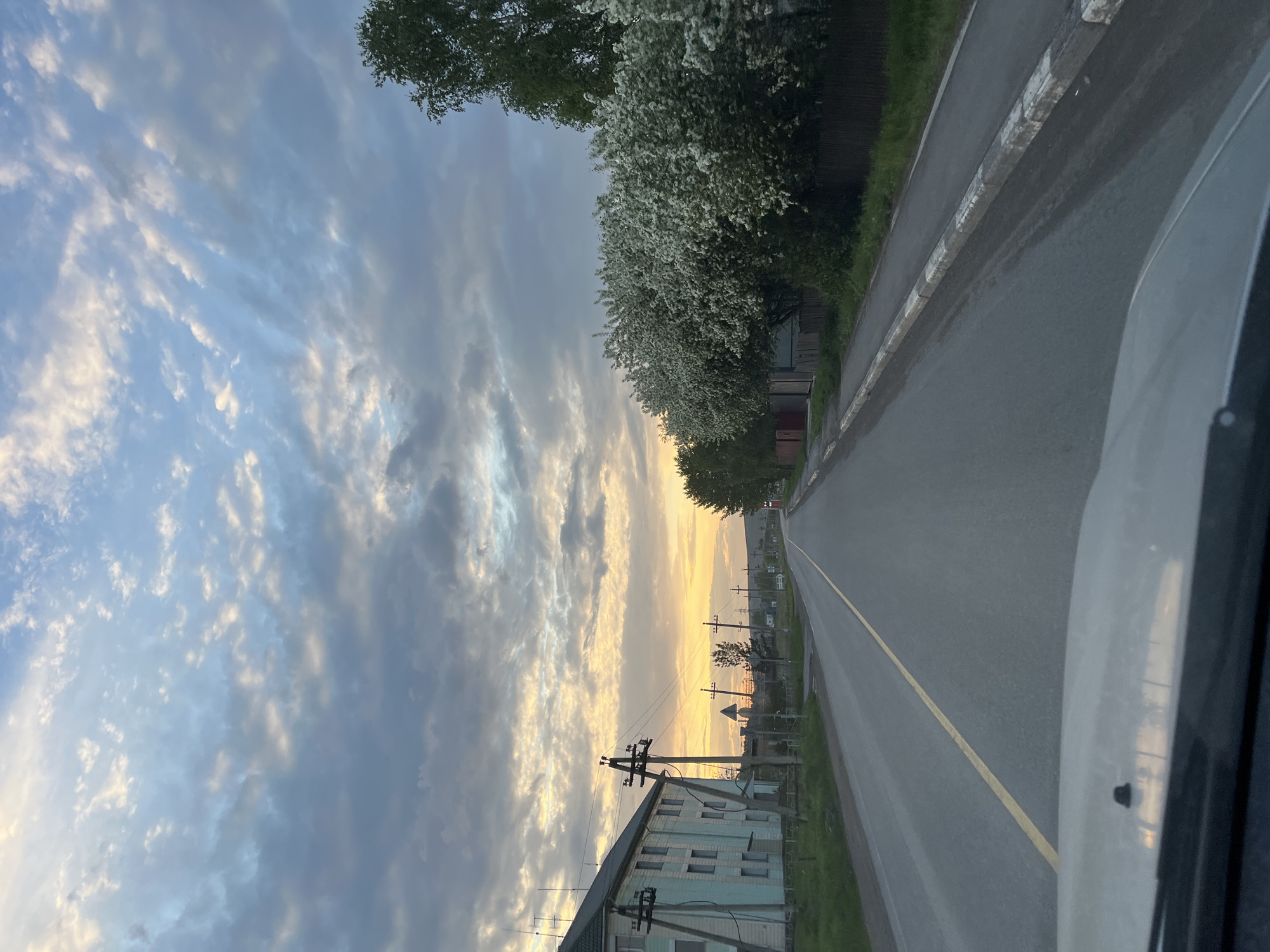 A road extends into the distance in Zykovo, Russia. The sky is filled with clouds, reflecting the light of a sunset. A row of trees lines the road. Telephone poles and buildings are visible in the background. The view is from inside a vehicle, with part of the vehicle visible in the foreground.