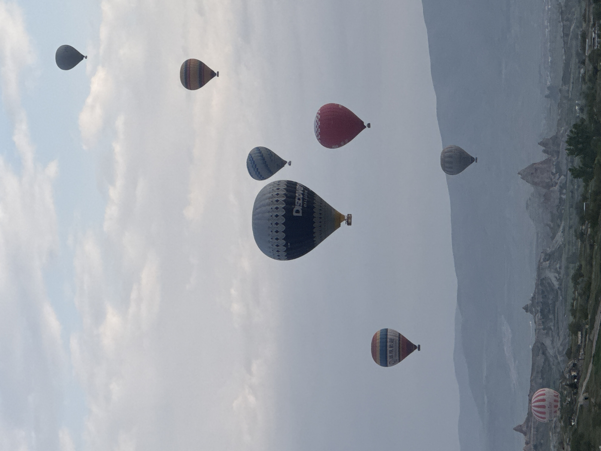 The scene depicts multiple hot air balloons floating in the sky over Göreme, Turkey. The sky is overcast. In the distance, there are rock formations and terrain typical of the Cappadocia region. A number of the balloons are patterned. The orientation of the image is sideways.