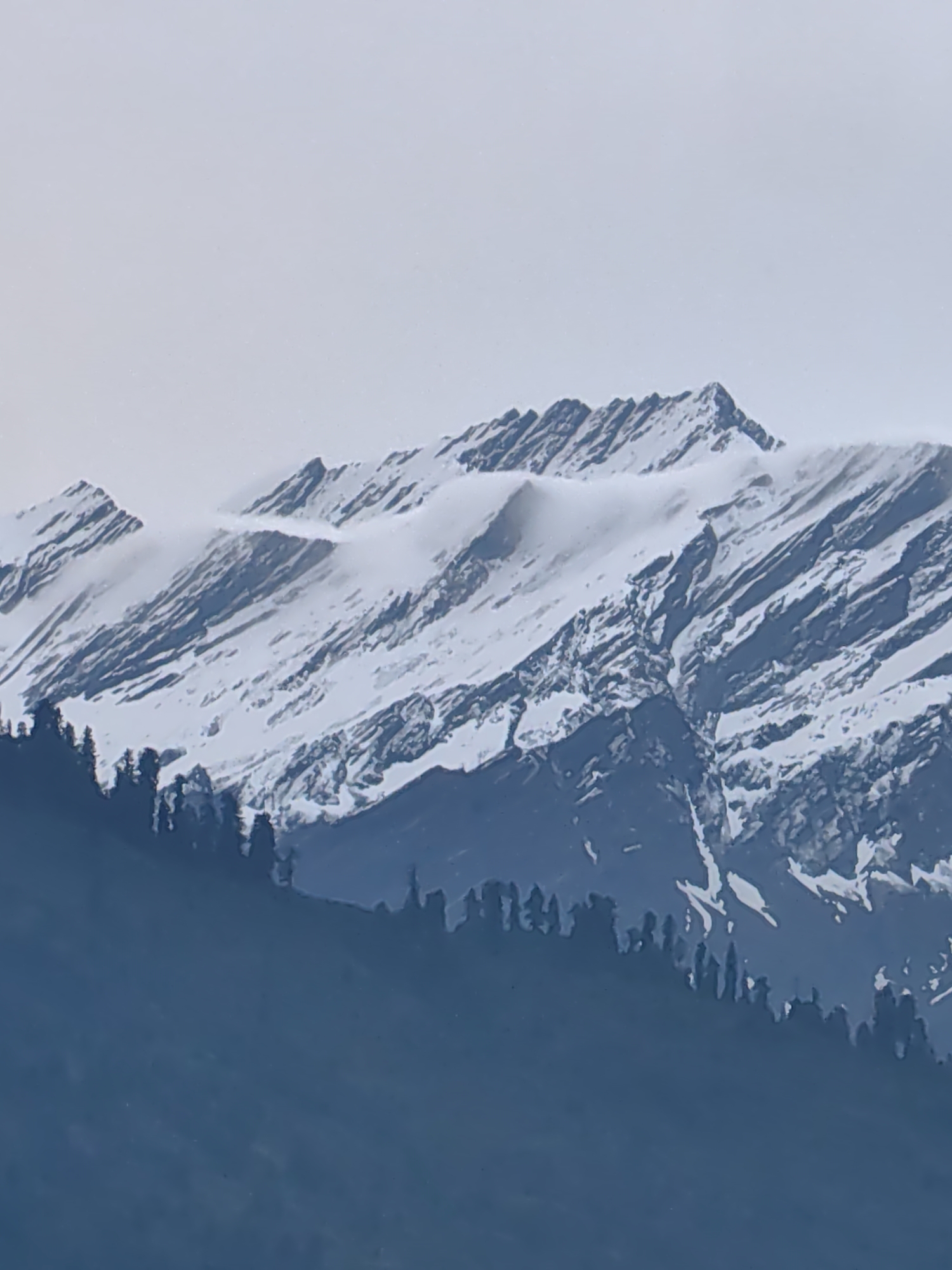 The image depicts a majestic mountain range partially covered in snow. The peaks are sharp and rugged, with diagonal striations of dark rock contrasting with the white snow. Wisps of clouds cling to the upper slopes, adding a sense of depth and atmosphere. In the foreground, a dense forest of dark green trees forms a silhouetted border along the base of the mountains. The sky above is a pale, overcast gray. The overall scene conveys a sense of natural grandeur and remoteness.
