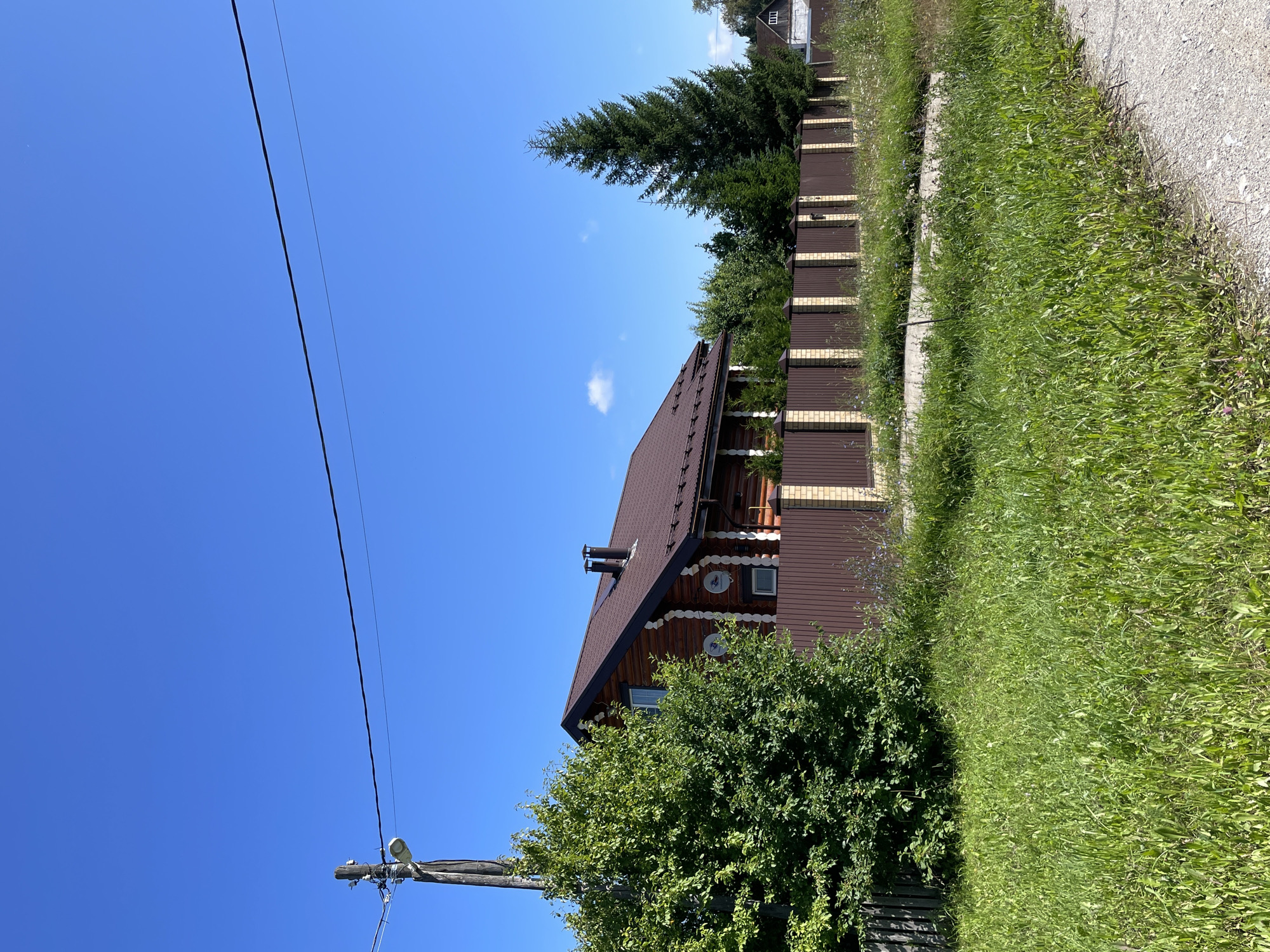The image shows a residential property in Dresvyano, Russia. A wooden house with a brown metal roof is visible, partially obscured by a large green tree on the left. The house has several windows and two satellite dishes mounted on its exterior. A brown metal fence with brick pillars separates the property from a dirt road and a grassy area in the foreground. A tall evergreen tree stands behind the fence to the right of the house. Power lines are strung across the clear blue sky, supported by a wooden utility pole. The overall environment is rural, with abundant green grass and trees under a bright, sunny sky. There are no people or animals visible in the image.
