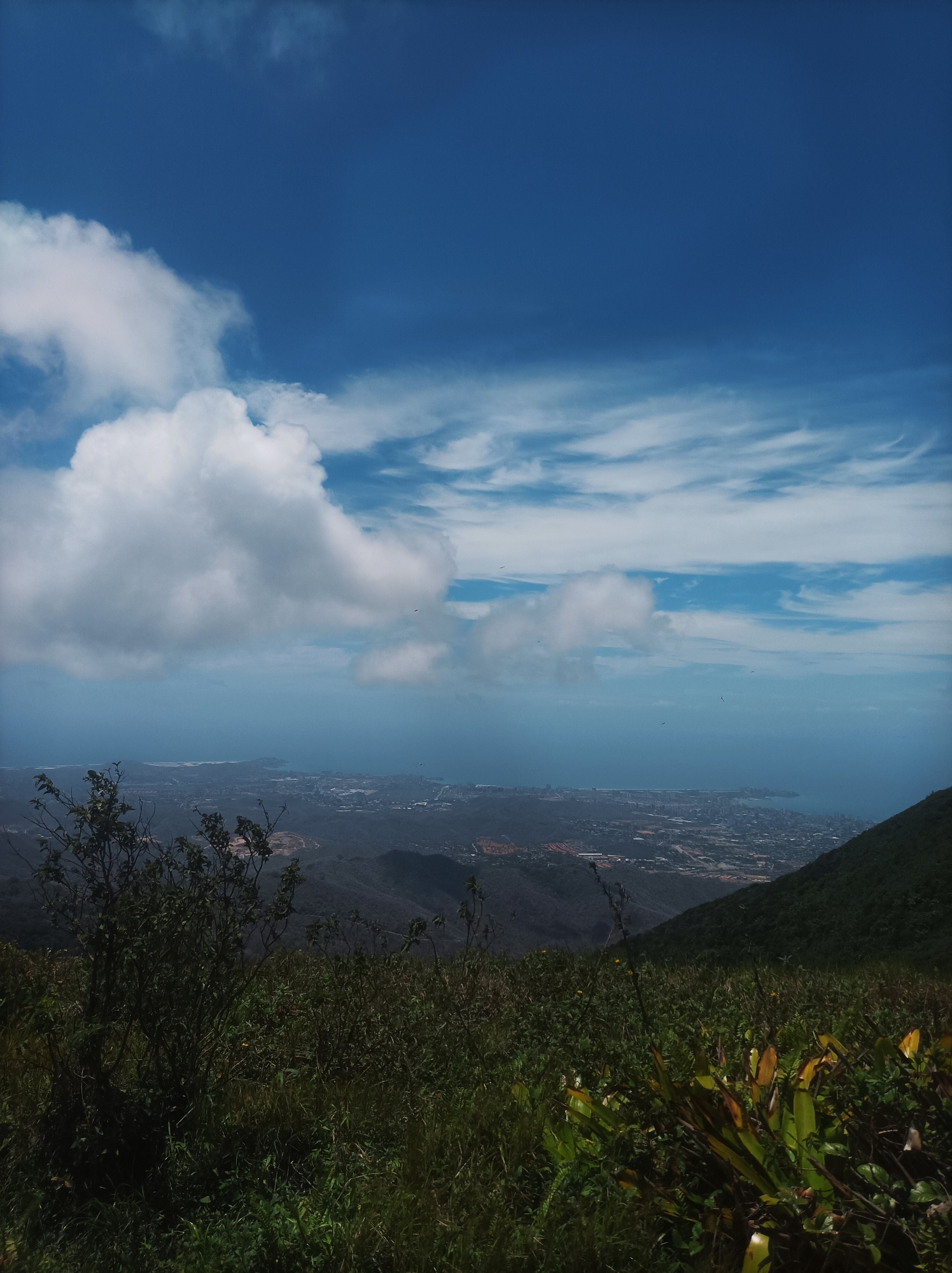 The image depicts a panoramic view from a high vantage point, likely a mountain or hill, overlooking the city of Las Piedras, Venezuela. The sky is a mix of blue with patches of white clouds. Below the clouds, there is a view of the city nestled on the coastline of a bay. The city consists of dense buildings and infrastructure. The viewpoint is located in a grassy area with shrubs and vegetation in the foreground. The hillside is covered with varying shades of green. The angle and lighting of the photograph suggest it was taken during daylight.