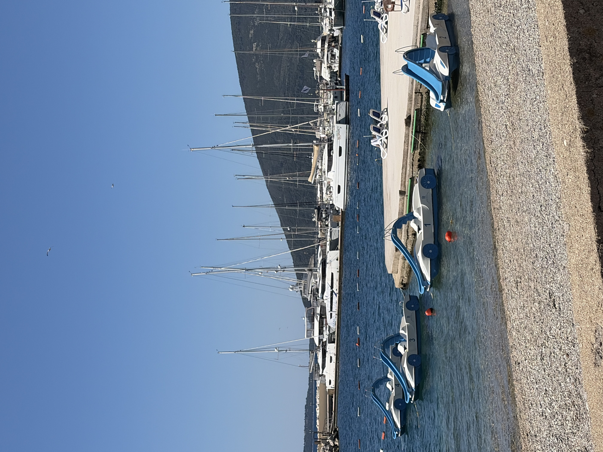 The image shows a waterfront scene in Meljine, Montenegro. There are numerous sailboats and yachts docked along a concrete pier. Several pedal boats with slides are moored close to the shore. The beach consists of pebbles. A mountainous landscape is visible in the background under a clear blue sky.