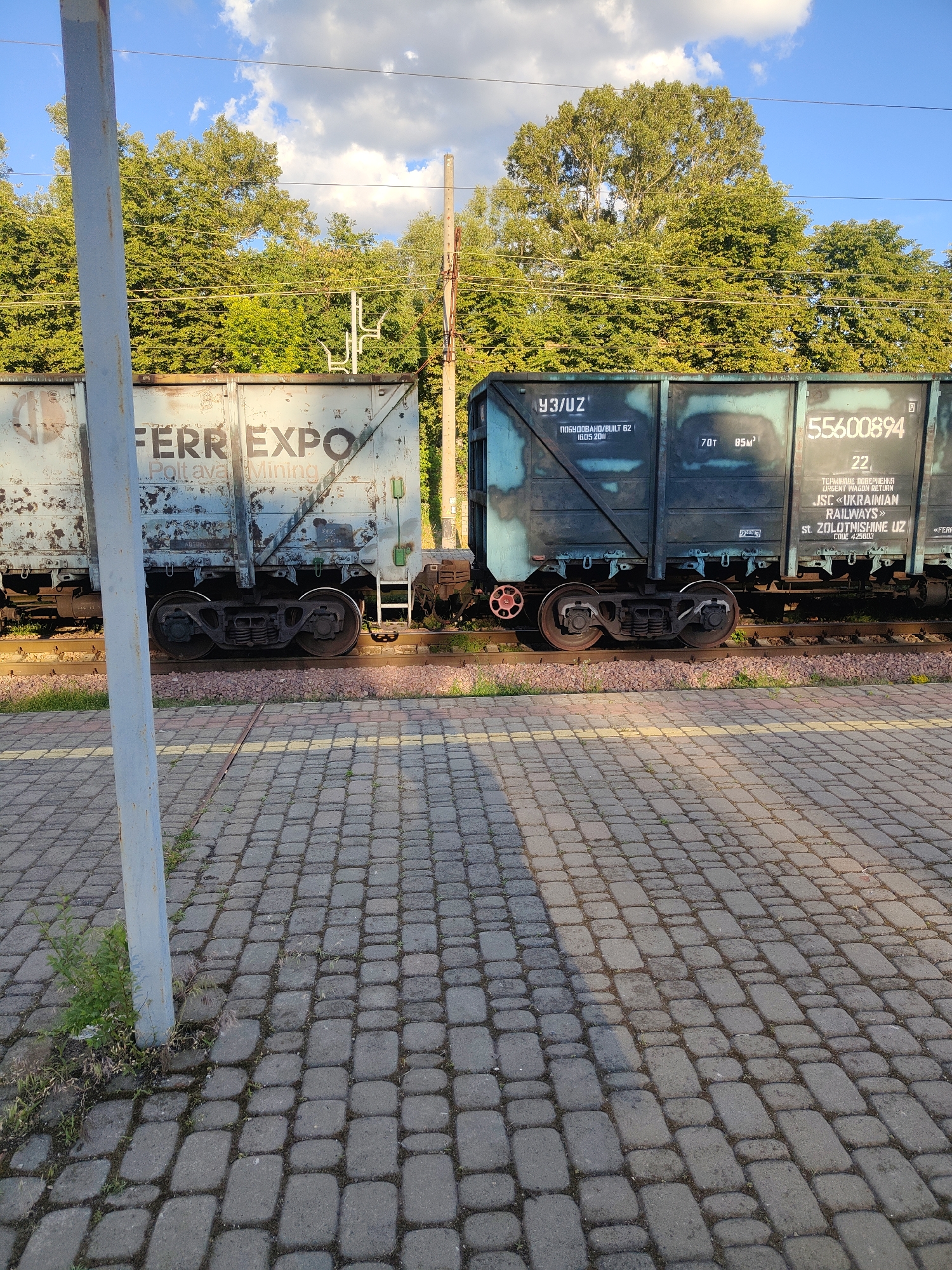 The image shows a detail of two freight train cars stopped on a railway track, with a paved pedestrian area in the foreground and a line of trees in the background under a blue sky with white clouds. The train cars are side-by-side. The left train car is light blue and appears weathered and rusted, with the partial text "FERRI EXPO" and "Poltava Mining" visible. The right train car is dark blue with green camouflage-like markings and displays various labels, including "УЗ/UZ", "ПОБУДОВАНО BUILT 62", "70T 85m³", "55600894", "22", and "JSC UKRAINIAN RAILWAYS". A vertical metal pole is positioned in the lower left quadrant of the image, close to the foreground. The ground in the foreground is paved with interlocking gray bricks. The scene appears to be an outdoor industrial or transportation area. The overall lighting suggests it is daytime, possibly late afternoon given the angle of the shadows.