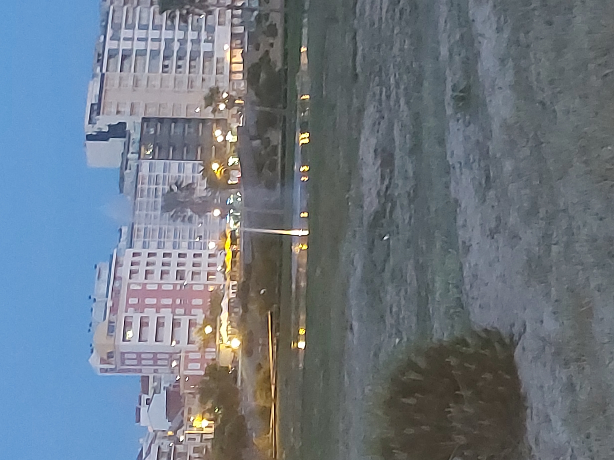 The image displays an urban landscape captured during dusk or early evening, characterized by a deep blue twilight sky and numerous artificial lights. The overall perspective appears to be from an elevated vantage point, looking across an area towards buildings.
On the left side of the frame, several multi-story buildings dominate the cityscape. These structures appear to be residential or commercial, featuring numerous windows. Many of these windows are illuminated, along with exterior lights around the buildings' bases, casting a warm, yellowish glow. The buildings exhibit varying architectural details, with some featuring white facades and others incorporating reddish-brown sections.
Running horizontally through the mid-ground, between the buildings and the foreground, is a dark, linear feature. This feature brightly reflects the artificial lights from the buildings and potentially streetlights, appearing as elongated streaks of yellow light on its surface. This reflective quality strongly suggests it is a body of water, such as a canal or a river, or a wet, paved surface like a promenade after rain.
The right side of the image is taken up by a large expanse of dark, textured ground, which appears to be a grassy area, a park, or undeveloped land. A dense, bushy plant is visible in the lower right corner, adding some natural vegetation to the scene. The sky, visible in the upper left, is a clear, deep blue, indicative of the transition from day to night.
There are no people visible in the image, and no specific activities or events are taking place, lending a quiet and still atmosphere to the scene. The weather appears clear, with no signs of precipitation or fog. No visible text is present within the frame. Given the location context of Figueira da Foz, Portugal, the linear reflective feature could likely be a section of the Mondego River or an associated canal, bordered by urban development.