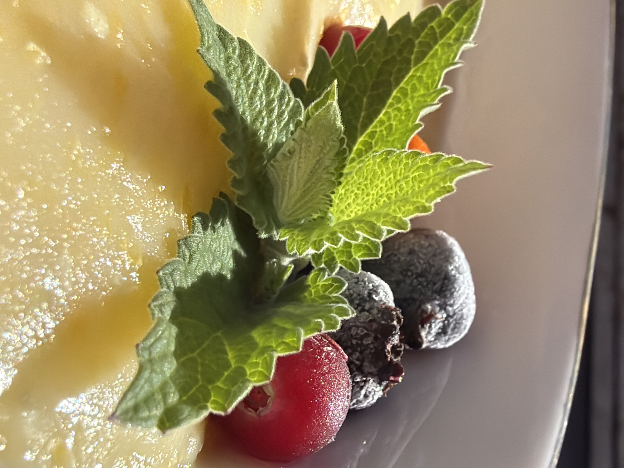 The image shows a close-up of a dessert, likely a panna cotta or custard, garnished with fresh mint leaves, cranberries, and what appear to be blueberries dusted with powdered sugar. The dessert is served in a white bowl, with the bright yellow color of the custard contrasting with the vibrant green of the mint and the deep red of the cranberries. The background is blurred and out of focus, suggesting an outdoor setting with natural light. There are no people visible in the image. The overall impression is one of a fresh and appetizing dessert, possibly enjoyed on a sunny day. The location in Chaikovsky, Russia, is not discernible from the visual information provided in the image.