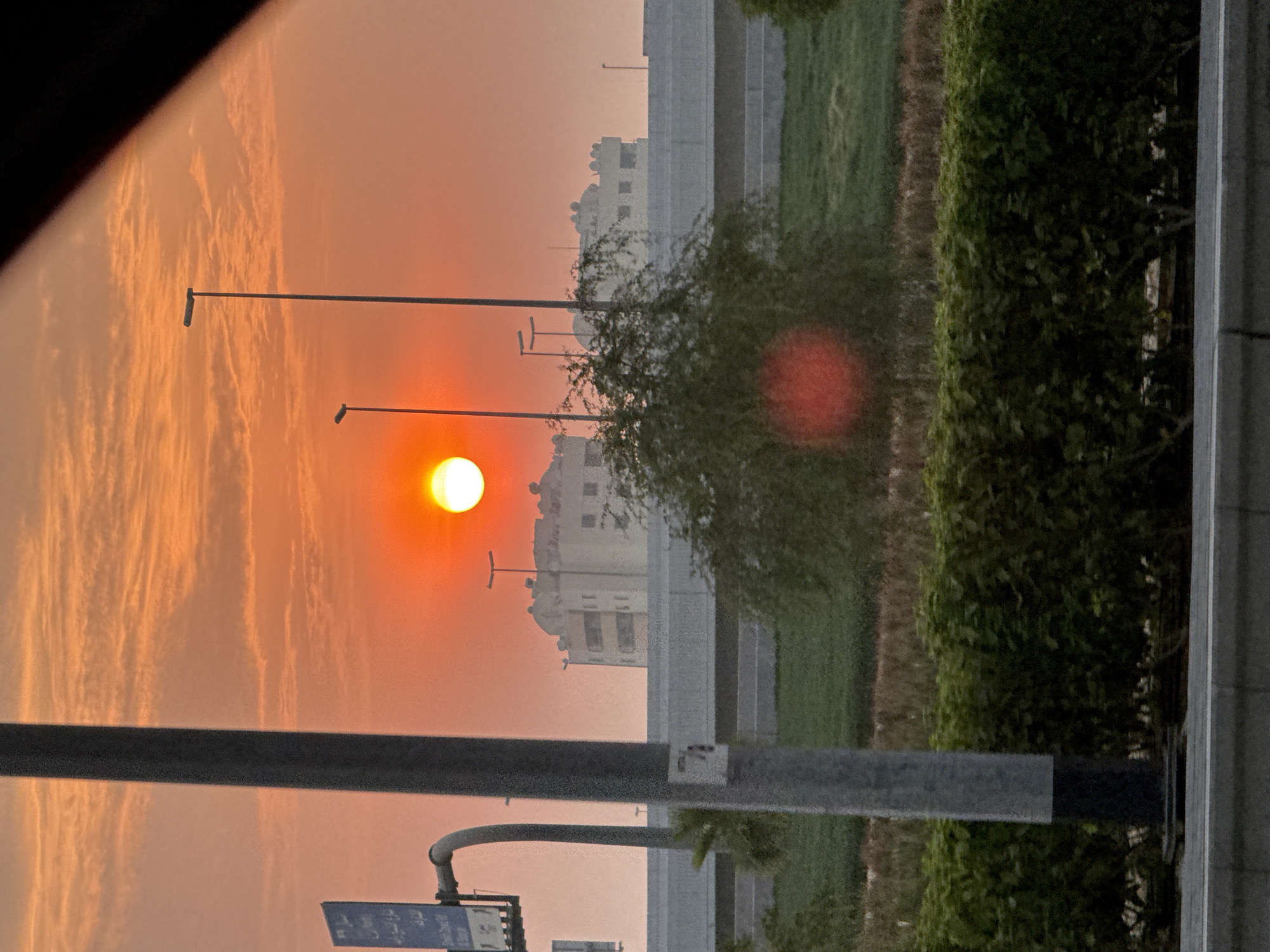 The image captures a sunset or sunrise over a highway interchange in Dubai, United Arab Emirates. The sky is filled with vibrant orange and pink hues, with scattered wispy clouds. A bright, round sun is visible near the center of the frame, casting a warm glow over the scene.
In the foreground, a grey lamppost stands tall on the left side of the image, with a dark base. A curved metal pole extends from it, likely supporting signage, and a blue sign with Arabic text is attached. Beyond the lamppost, a green hedge forms a dense barrier.
In the middle ground, a highway overpass stretches across the frame. Grass and some trees are visible on either side of the road. A bushy green tree with a reddish-orange orb of light reflecting on it is located to the right of the center. In the background, several multi-story buildings with flat roofs and numerous satellite dishes are visible, suggesting an urban setting. Two streetlights with simple, modern designs stand on the overpass.
The overall impression is one of an urban landscape transitioning into evening or early morning, with the striking colors of the sky dominating the composition.
