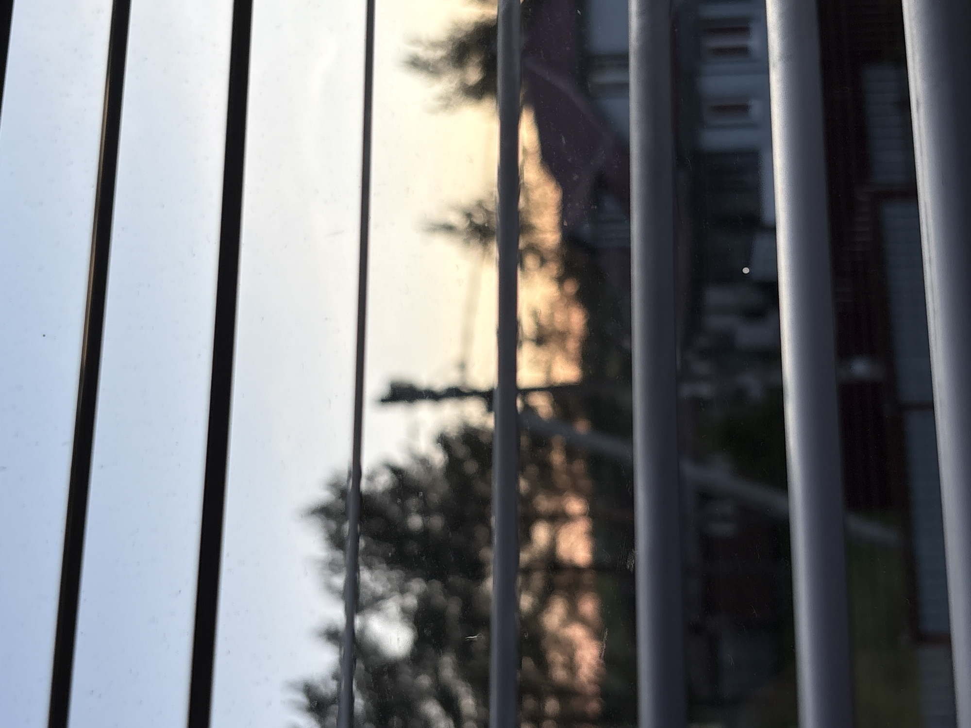 The image shows a view through closed white vertical blinds. Outside the blinds, blurred shapes suggest trees, a building, and the sky, with a warm, possibly sunset-tinged light visible in some areas. The blurred background indicates that the image was likely taken through a window. The blinds are the primary objects in focus. The location is Ленинградская, Russia.