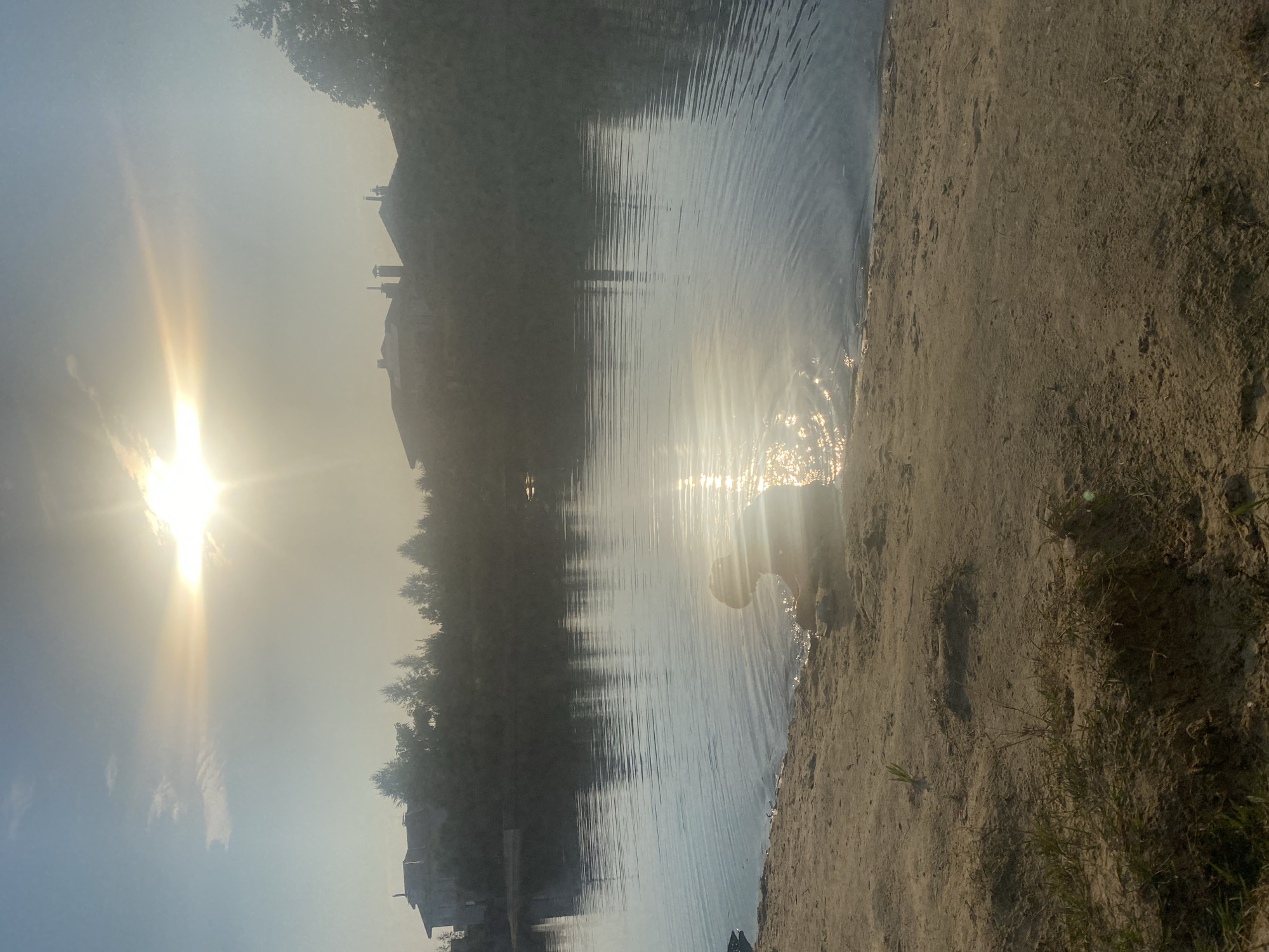 The image depicts a sunny day at a body of water, possibly a lake or river, in Novi Petrivtsi, Ukraine. The foreground is a sandy beach with sparse vegetation. The water's surface is rippled and reflects the bright sunlight. In the middle ground, a person, possibly a child, is partially submerged in the water near the shore, with their back to the camera. They appear to be playing or sitting in the water. Across the water, a treeline is visible, behind which are several houses with distinctive chimneys, characteristic of suburban or rural architecture. The sky is bright and hazy, with the sun prominently positioned in the upper portion of the frame, casting a strong glare. The overall impression is a peaceful, summery scene.