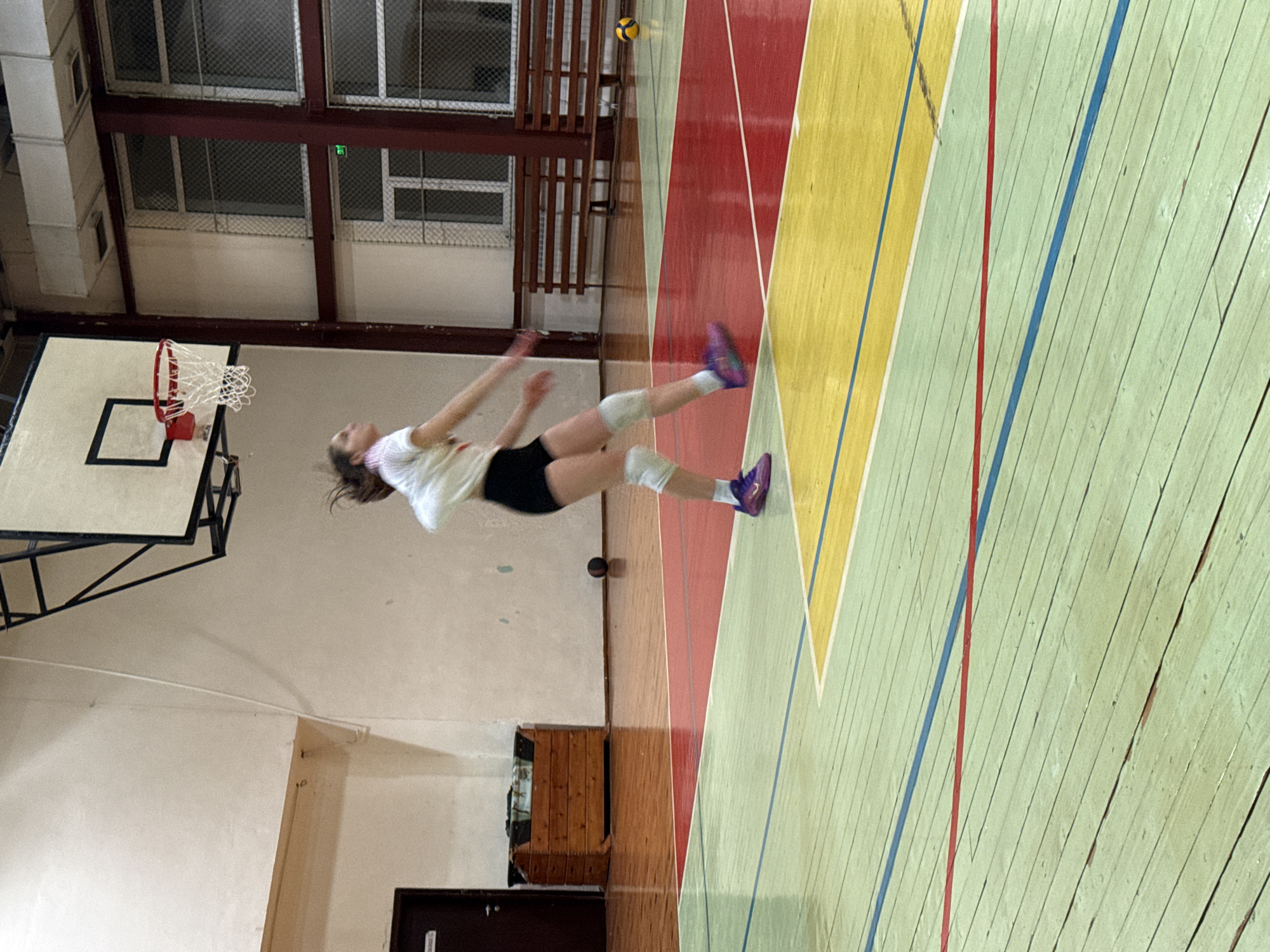 A volleyball player is in mid-air performing a jump serve in a gymnasium with a basketball hoop visible. The floor has colored sections: red, yellow, and green, delineated by blue and red lines. There's a volleyball in the upper part of the image. The background features windows and a wooden bench. The location is likely a school or community center gymnasium in Sofia, Bulgaria.