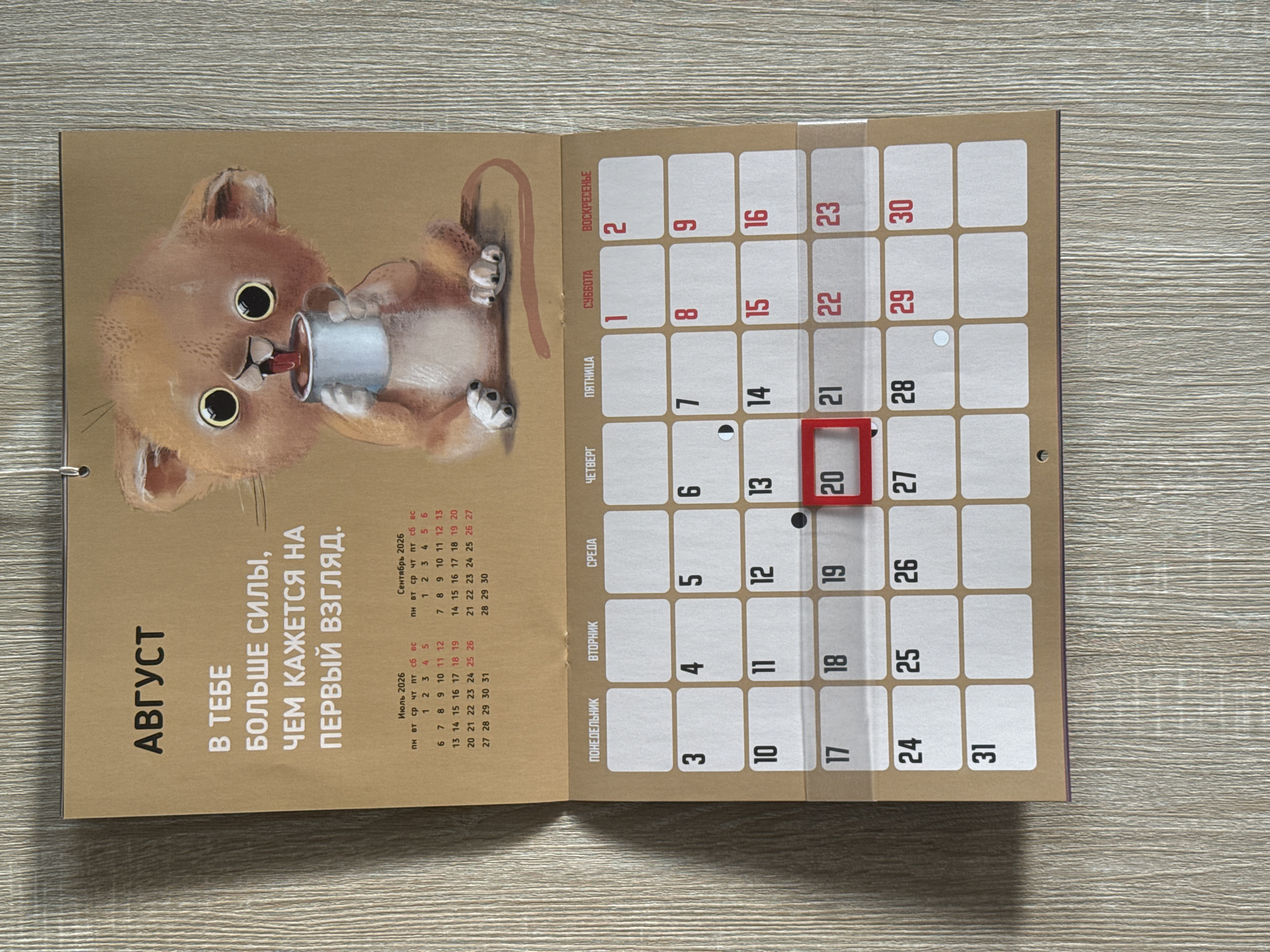 The image shows a close-up of a calendar page for August. The calendar features a cartoon drawing of a lion cub drinking from a mug. The text on the calendar is in Russian and reads "АВГУСТ" (August) at the top. Below the drawing, there is a quote: "В ТЕБЕ БОЛЬШЕ СИЛЫ, ЧЕМ КАЖЕТСЯ НА ПЕРВЫЙ ВЗГЛЯД." (You have more strength than it seems at first glance).
The calendar grid displays the days of the week from Monday to Sunday. The month of August is displayed with the days numbered from 1 to 31. The 20th of August is highlighted with a red border, indicating it is the current day. There are also small calendars for July and September 2026 displayed at the top of the page.
The calendar is hung on a textured wall, which appears to be wood paneling. The lighting suggests an indoor environment.
The image does not contain any information about the city of Lyubertsy, Russia.