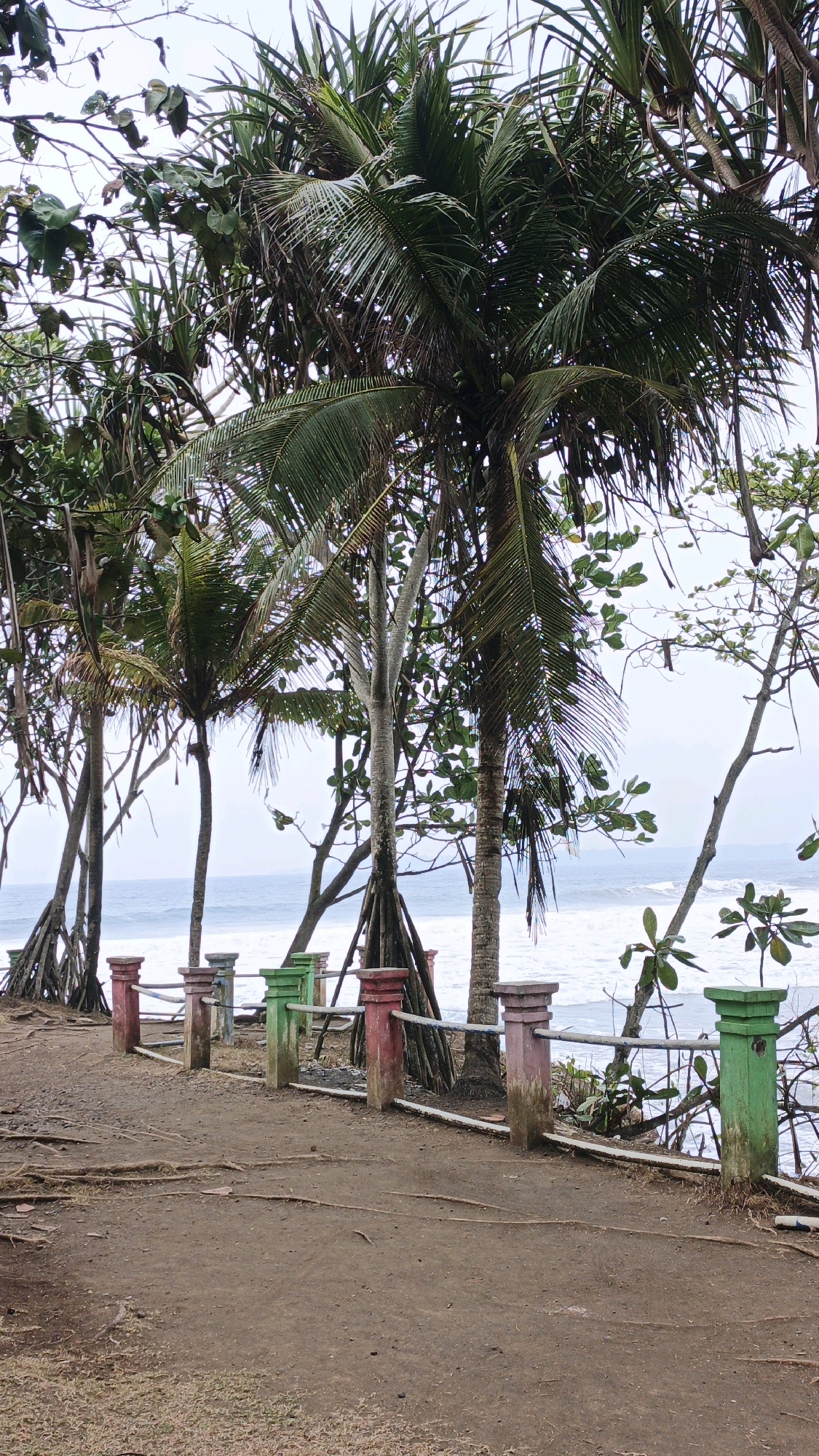 The image shows a path in Desa Ciliang, Indonesia, leading to a railing overlooking the ocean. Palm trees and other tropical vegetation line the path and overlook. The railing is made of concrete posts painted red and green, with a metal bar connecting them. The ocean is visible in the background, with waves crashing on the shore. The ground is covered in dirt and exposed tree roots. The sky is overcast, and the overall lighting is subdued. There are no people visible in the image.