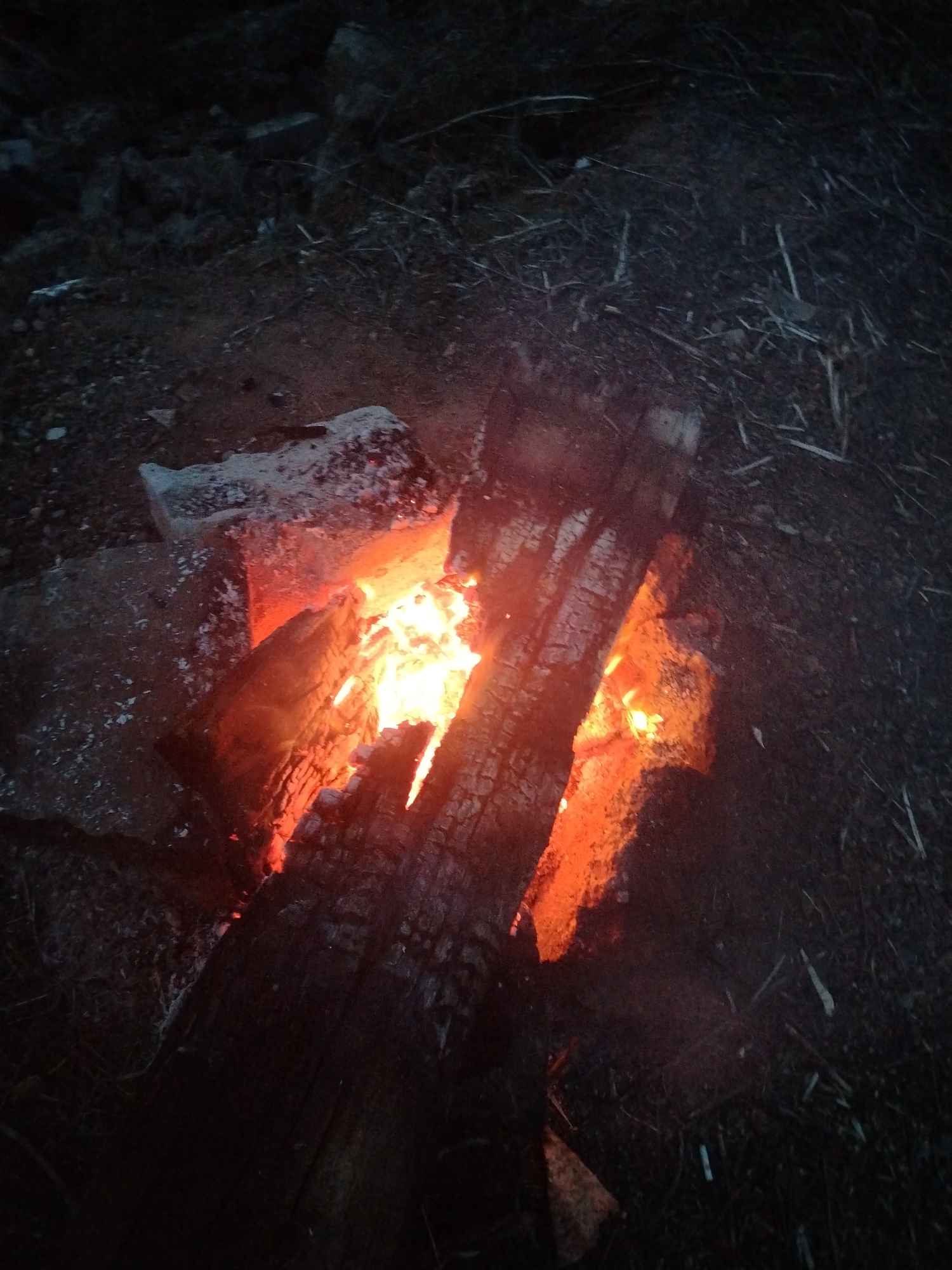 A nighttime image depicts a campfire in a dark, natural setting. The fire is constructed with several pieces of wood, some of which are burning brightly with orange and yellow flames. Other pieces of wood are charred, indicating they have been burning for some time. The fire is located on the ground, surrounded by dark soil, leaf litter, and twigs. It is unknown if there are any people present. The specific location within Chaikovsky, Russia, is not identifiable from the image.