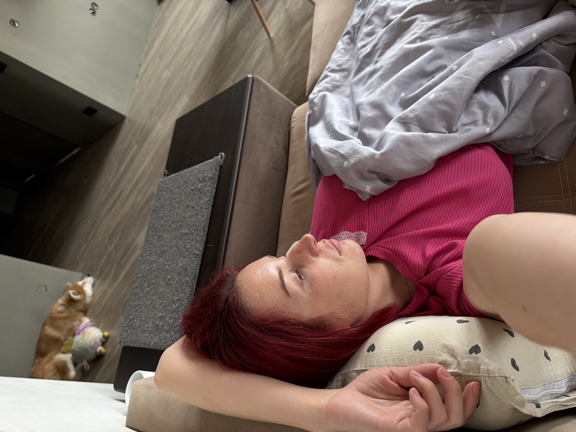 A woman with red hair is lying on a sofa with a patterned pillow under her head and a grey patterned blanket partially covering her upper body. She is wearing a pink ribbed top. In the background, a brown and white Shiba Inu dog stands next to a dark brown cabinet with a grey rug on top. The location is inside a room, inferred to be in Chaikovsky, Russia.