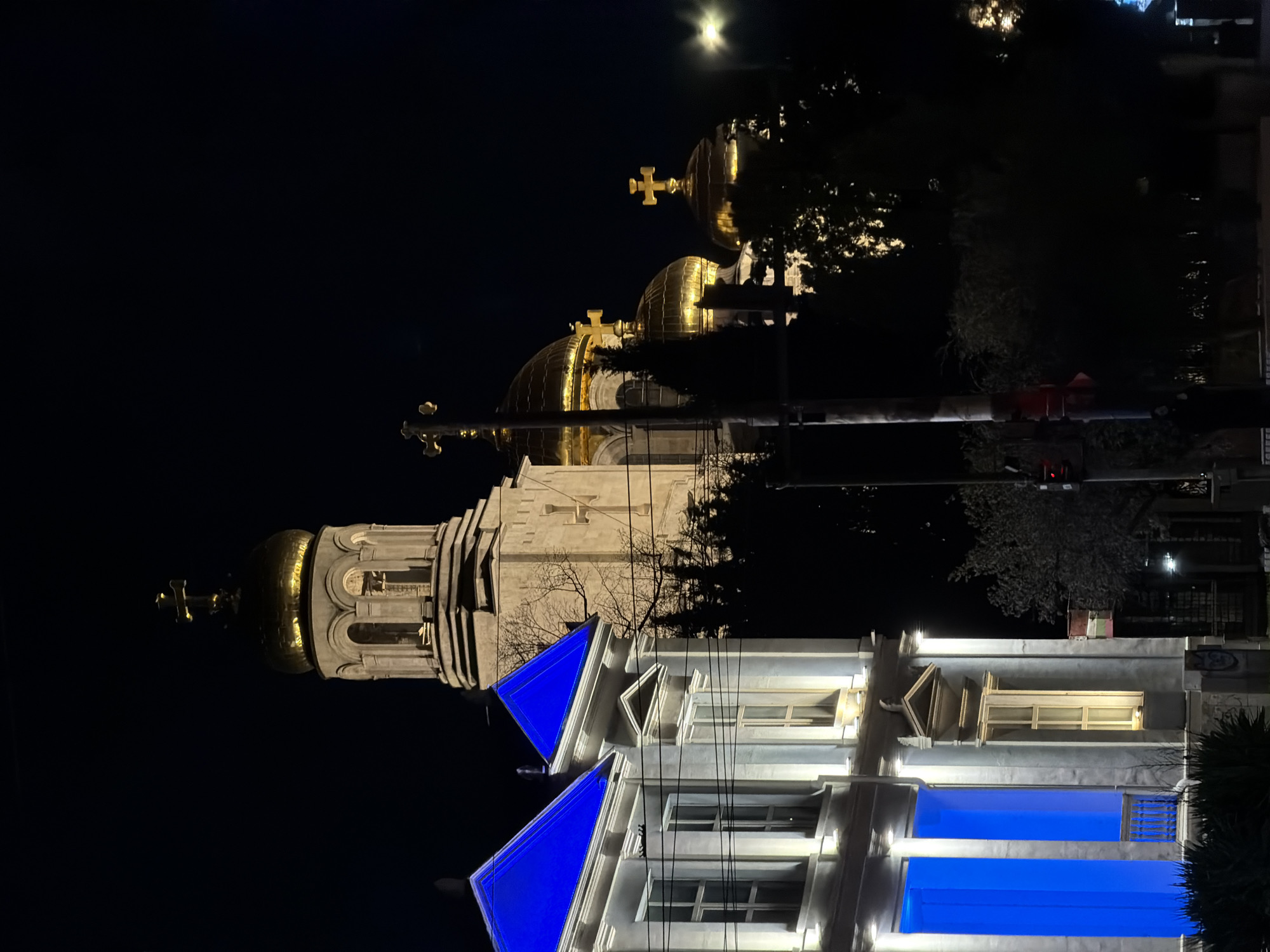 The image captures the Metropolitan Cathedral of Varna in Bulgaria at night. The cathedral's golden domes and cruciform tops are visible against a dark sky, illuminated by streetlights. The building facade exhibits intricate architectural details. Blue lighting accents parts of the lower structure. Trees and urban elements like streetlights and utility poles are present in the background.