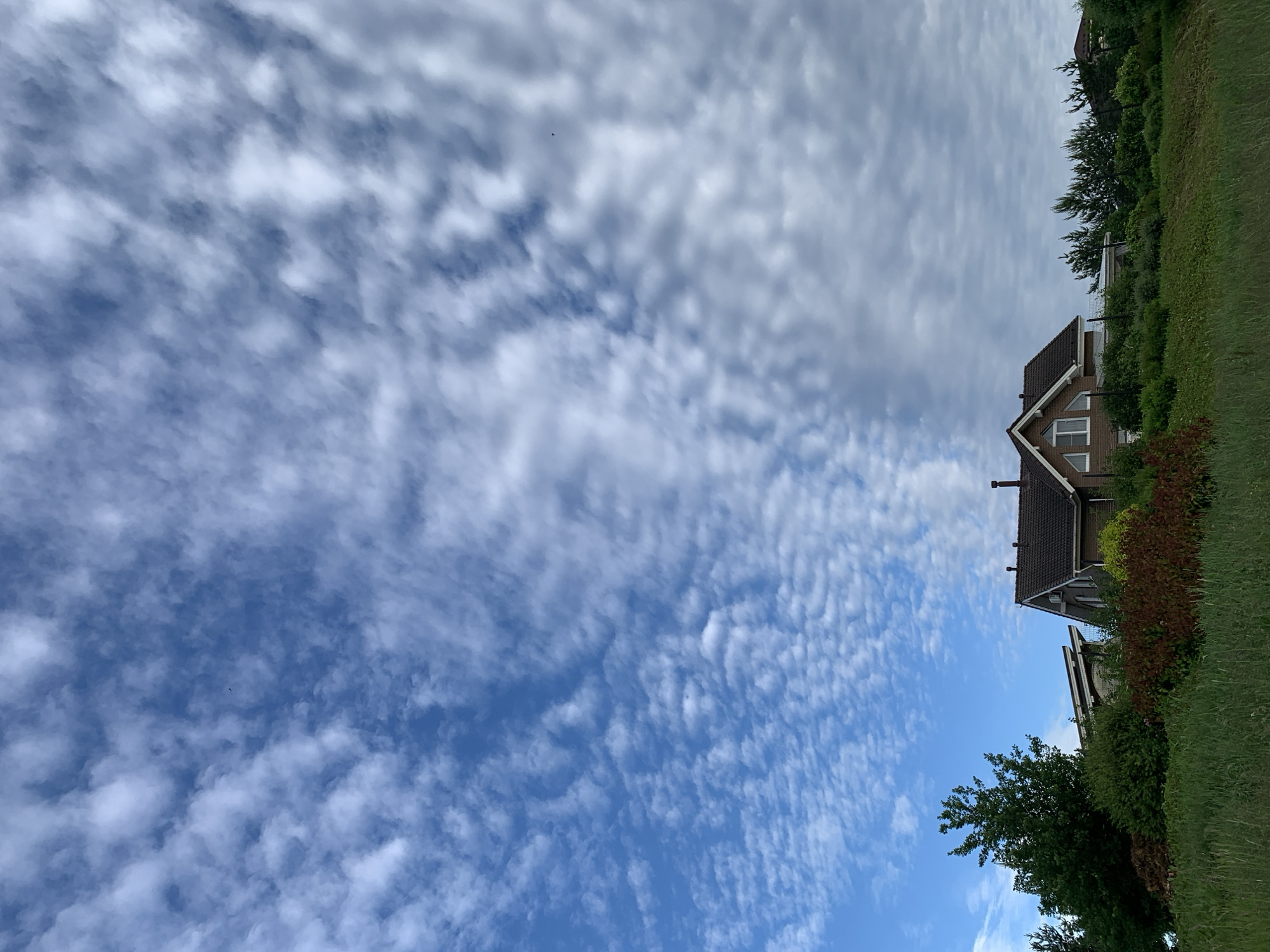 The image captures a wide-angle view of a partly cloudy sky with a bright blue expanse and scattered white clouds, some appearing as streaks and others as smaller, rounded formations. The perspective is tilted, with the sky dominating the left half of the frame. On the right side of the image, a portion of a residential area is visible, featuring the roofs and upper floors of two houses. The houses appear to be modern, constructed with brick and dark roofing tiles. Lush green grass and trees form a border along the right edge of the frame, suggesting an outdoor setting in a suburban or semi-rural environment. One of the houses has prominent gabled roofs and visible windows. The lighting suggests it is daytime, with the sun likely high in the sky given the brightness of the clouds and blue sky. The overall atmosphere is serene and tranquil. There is no visible text in the image.