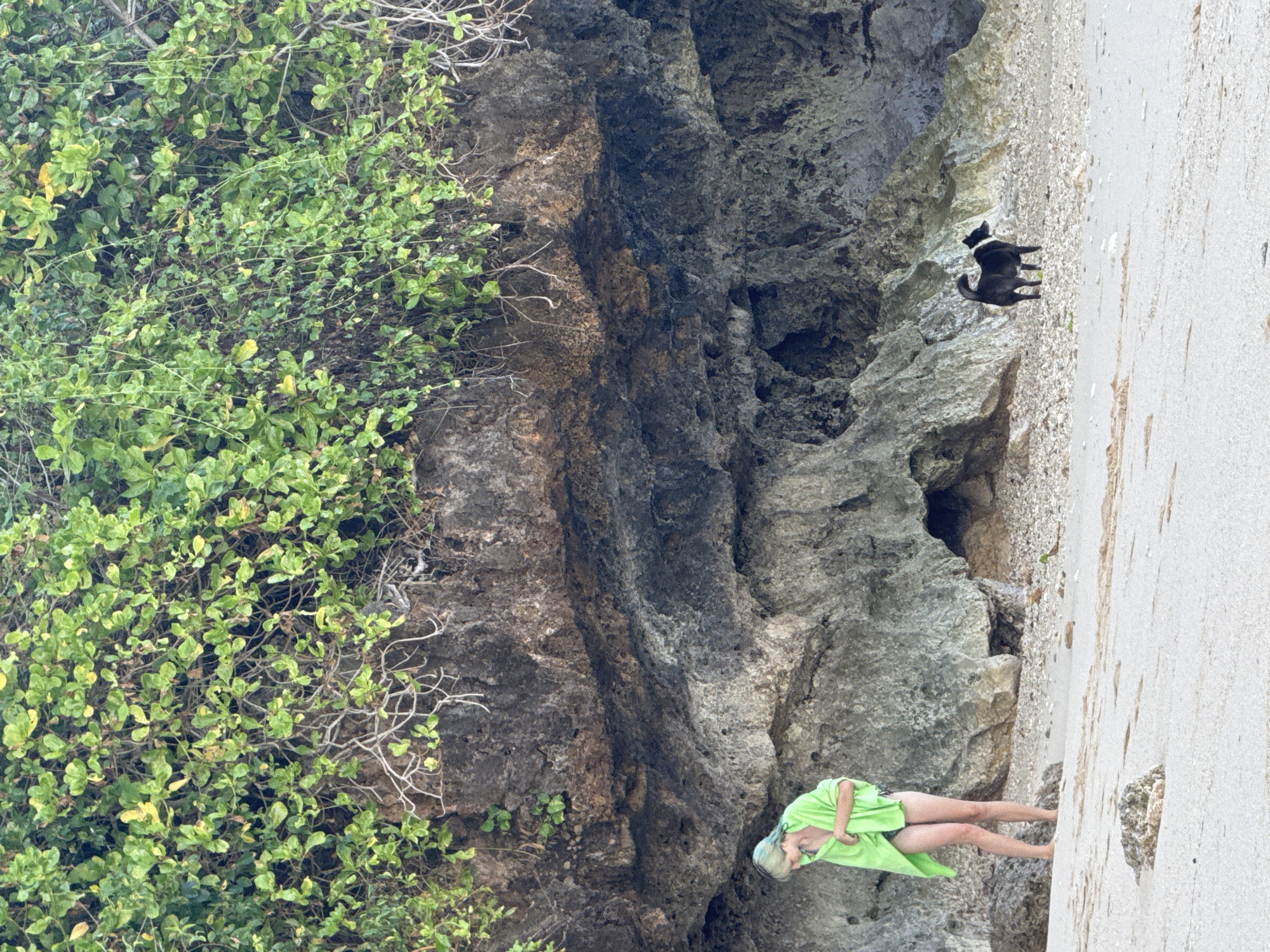A woman with blue-tinted hair stands on a sandy beach in Kuta Selatan, Indonesia, wrapped in a bright green towel and wearing a bikini. She is looking down at the sand, her feet bare. To her right, a black and white dog stands on the pebble-strewn shore, facing away from the woman and towards the rocky cliff face behind them. The cliff is covered in dense green foliage at the top, with exposed rock formations below. The beach is composed of fine white sand mixed with small pebbles.