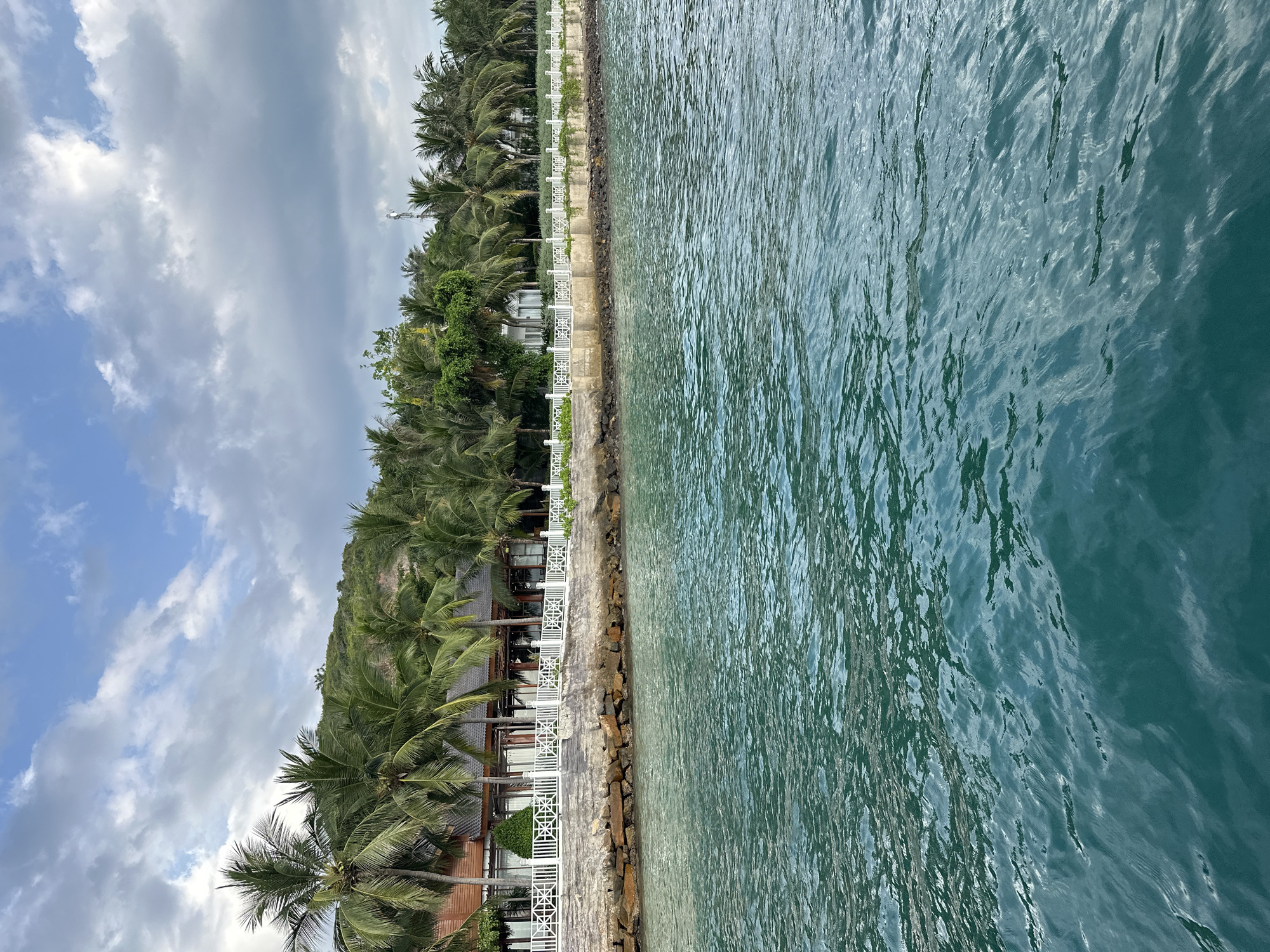 The image presents a serene coastal scene in Nha Trang Ward, Vietnam, viewed from a low perspective on the water. The lower half of the frame is filled with calm, rippled turquoise-blue water. A structured shoreline defines the midground, consisting of a grey concrete seawall with sections of natural rock exposed below the waterline. A continuous white decorative fence, featuring repeating geometric patterns, runs along the top of the seawall. Behind this fence, multiple buildings, likely part of a resort or residential complex, are visible with brown tiled roofs and predominantly white facades, partially obscured by lush tropical foliage. Numerous palm trees of varying heights and densities line the coast and extend up a verdant, tree-covered hillside that rises into the background. A slender cellular tower or antenna structure is faintly discernible amidst the trees in the upper right quadrant. The sky is partly cloudy, with areas of clear blue visible between white and grey cumulus clouds. No individuals or specific actions are depicted, rendering the scene as a tranquil daytime coastal landscape.