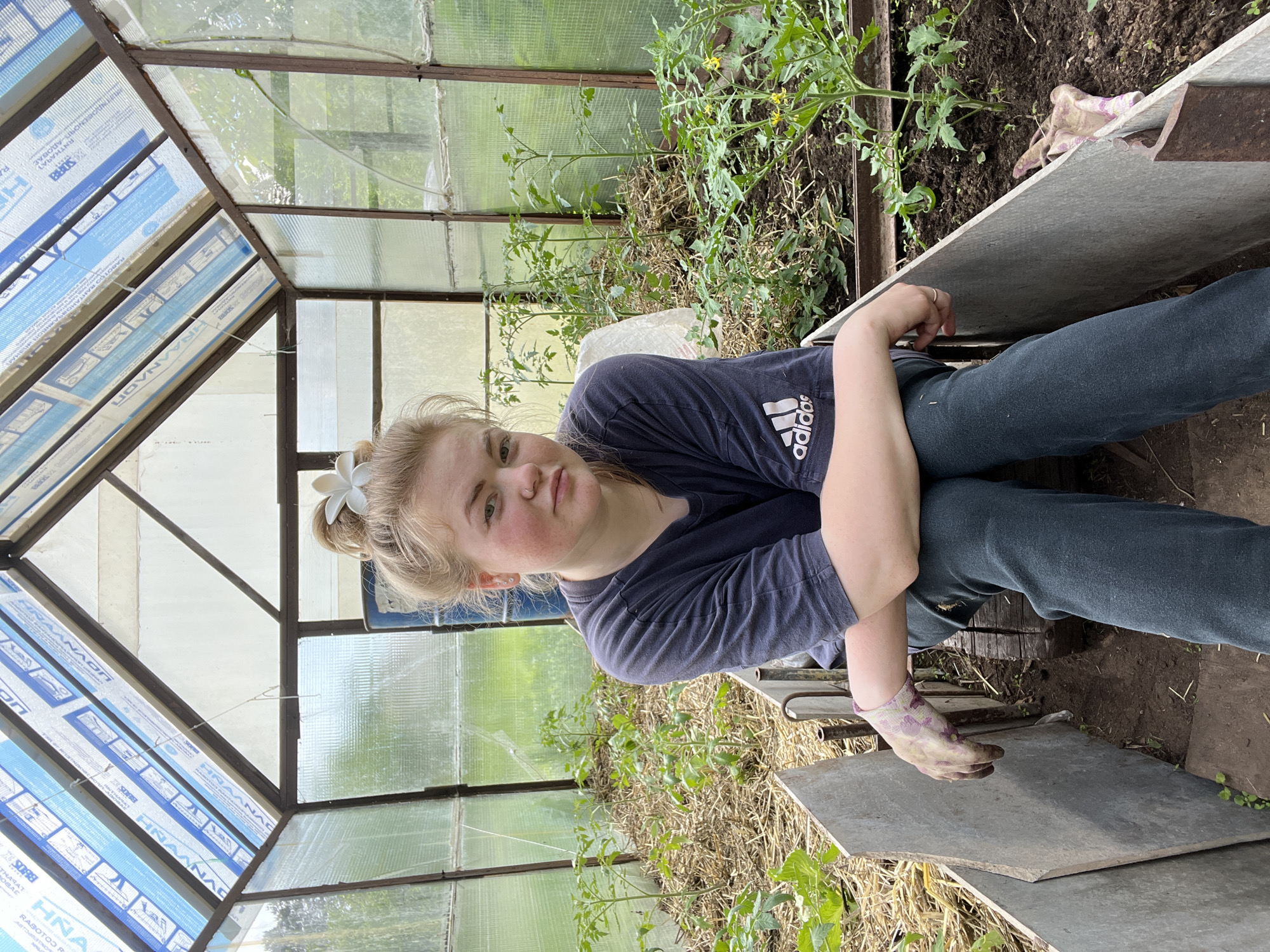 A medium-shot photograph depicts a woman in a greenhouse. She is wearing a dark-colored t-shirt with the Adidas logo, dark pants, and a gardening glove on one hand. A white flower is positioned in her hair. She is seated, possibly on a stool, with one leg crossed over the other. Her gaze is directed towards the camera. Behind her, tomato plants grow in the soil within the greenhouse. The structure of the greenhouse is visible, with a metal frame and translucent or transparent panels. Some of the panels display Russian text and logos. The ground is covered with dry organic material. The location is identified as Chaikovsky, Russia.
