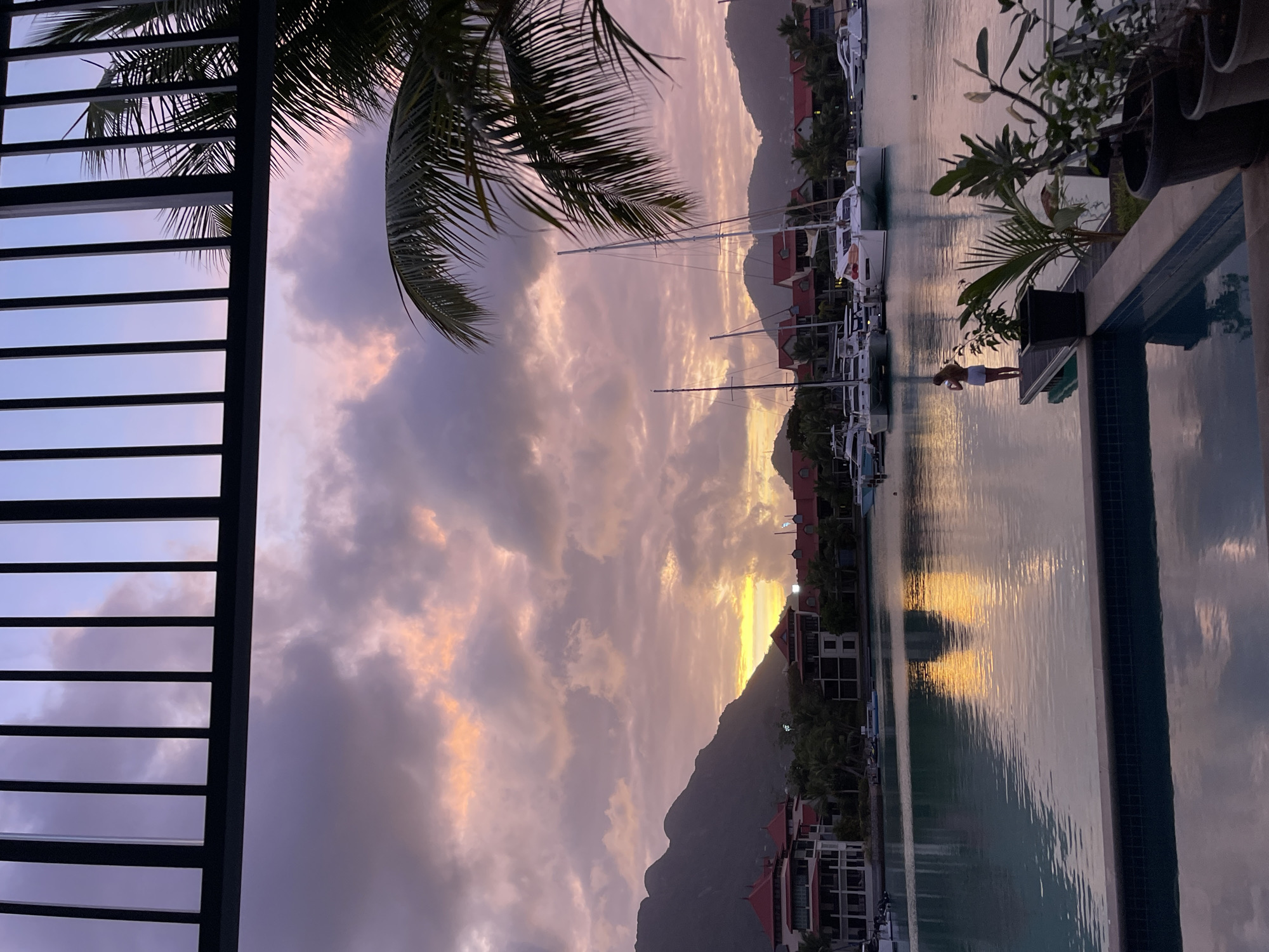 This image depicts a tranquil sunset scene at a marina in Victoria, Seychelles. The sky is filled with a gradient of purple and orange hues, with scattered clouds reflecting the fading sunlight. In the foreground, a swimming pool with tiled edges is visible, with several potted plants and palm fronds framing the view. Beyond the pool, a wooden platform extends into a calm body of water where several sailboats are docked. A lone figure, a woman wearing a white top and shorts, stands on the platform, facing away from the camera and towards the water. In the background, a cluster of buildings with red-tiled roofs and lush green trees line the marina, with rolling hills or mountains rising behind them. The overall atmosphere is serene and picturesque, capturing the beauty of a tropical evening.