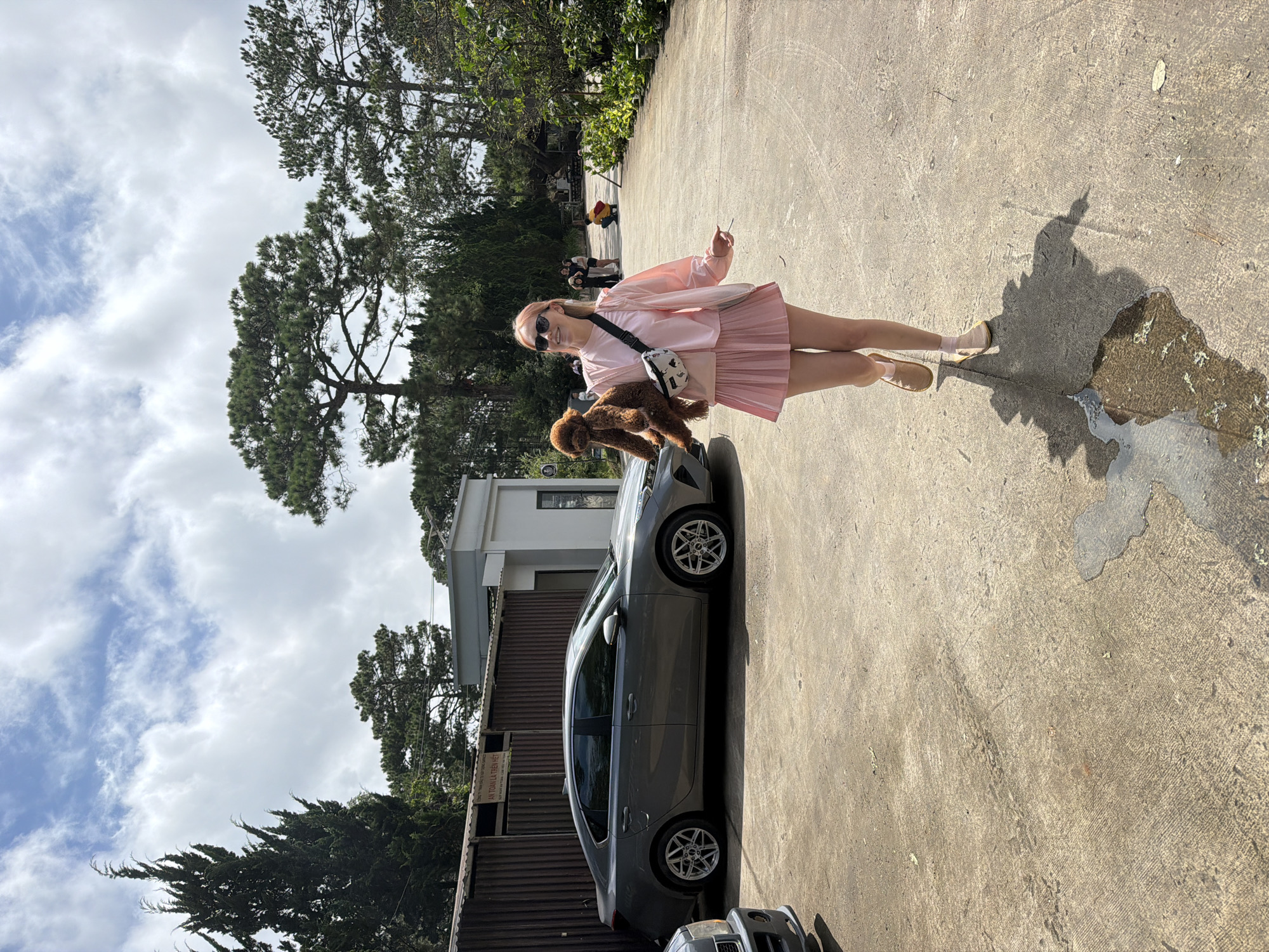 In Xuân Trường - Đà Lạt, Vietnam, a young woman with pink hair, wearing a pink top and skirt, walks on a paved pathway holding a brown poodle. She wears sunglasses and a crossbody bag with a cartoon print. To her left, a grey sedan is parked. The environment features pine trees and a cloudy sky, with a building and a corrugated metal fence in the background. A small puddle of water is visible on the pathway in the foreground.