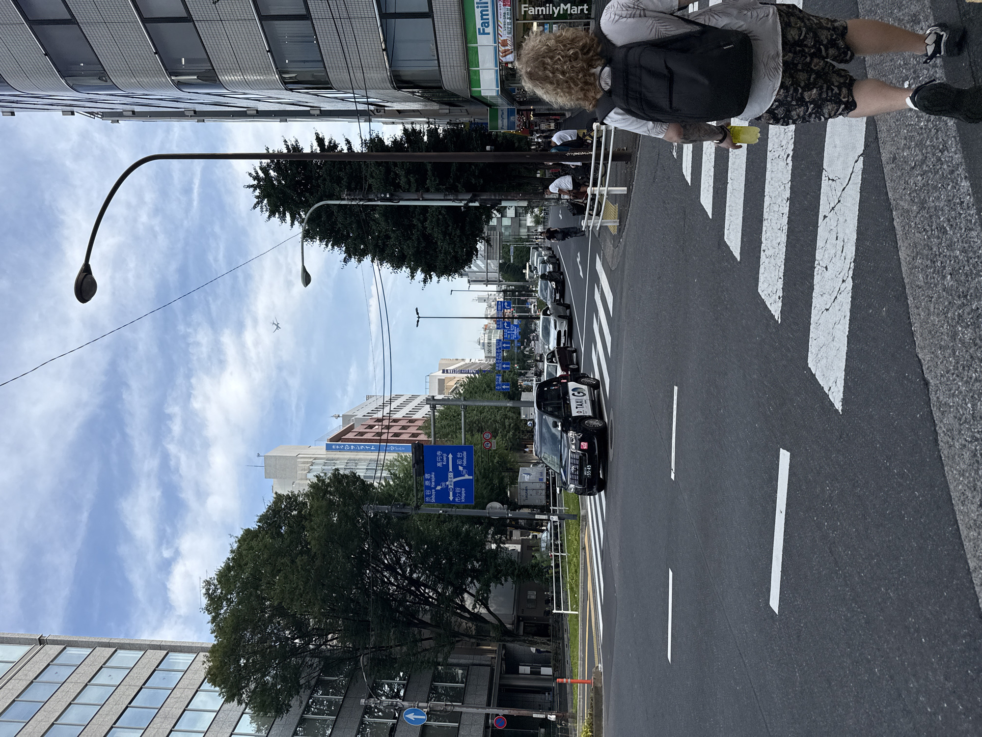 A street scene in Shinjuku, Japan, captured from a low-angle perspective. The foreground features a pedestrian walking away from the camera, crossing a street. The pedestrian is wearing a patterned shirt, shorts, and a black backpack, and is holding a yellow drink. The street is marked with white crosswalk lines. In the background, several cars are visible, including a black taxi with "TAXI GO" written on its side. Buildings line the street, with trees and streetlights interspersed. A blue traffic sign with Japanese writing is also visible. The sky above is partly cloudy, with a faint airplane visible in the distance.