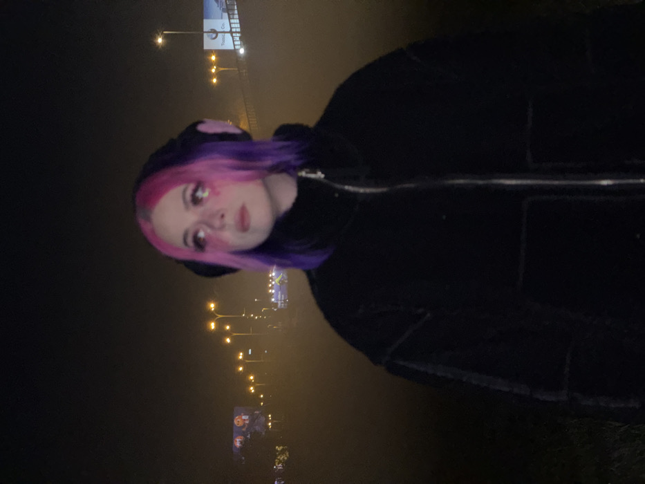 A young female stands slightly right of center in an outdoor, nighttime scene in the City of Zagreb, Croatia, obscured by fog or haze. She has long hair, dyed pink on her right side and purple on her left side, and wears dark, pointed elf-ear prosthetics. Her face is turned slightly left, with an upward gaze, and she exhibits prominent eye makeup including winged eyeliner and small, red heart-shaped appliques below each eye. She is dressed in a thick, dark-colored, high-collared, zippered jacket. In the background, diffused by the atmospheric conditions, multiple orange-yellow streetlights illuminate what appears to be a multi-lane roadway. Two large, illuminated billboards are visible; the one on the right, positioned above an elevated structure, clearly displays the "BMW Group" logo and associated text, consistent with the Radnička cesta area of Zagreb. The immediate foreground shows dark, unidentifiable ground cover.