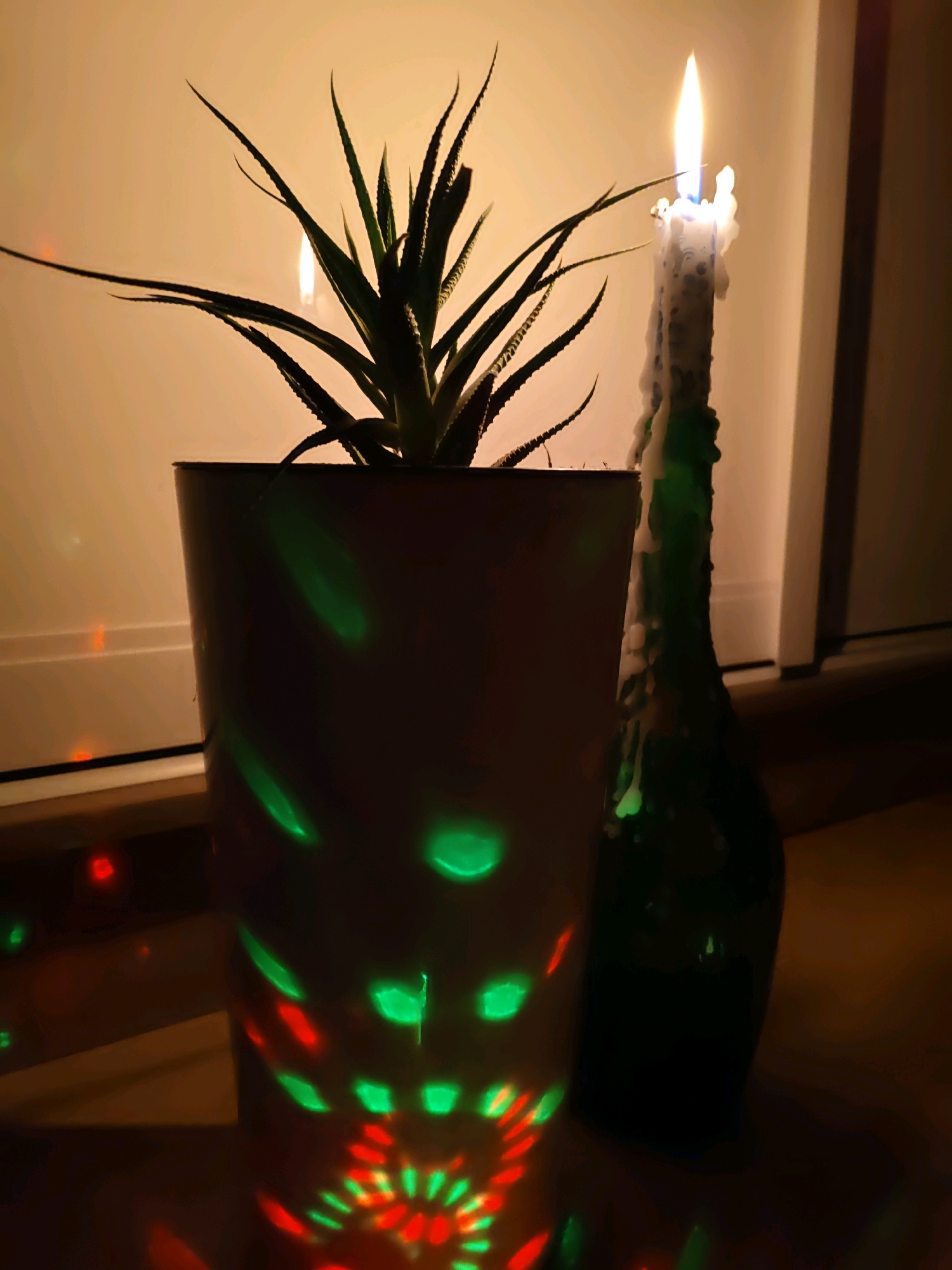 A potted plant sits in a grey planter on a wooden surface, illuminated by a candle and colorful lights. The plant, a succulent with spiky leaves, is silhouetted against a warm-toned wall. To the right of the plant is a tall, green glass bottle with a white candle burning on top, wax dripping down its sides. The planter and the bottle are reflecting green and red lights, suggesting a party atmosphere or a decorative lighting setup. The scene is dimly lit, with the candle flame being the brightest light source. The background is a plain, light-colored wall. The image appears to be taken indoors, possibly in a home environment. There are no people visible in the image.