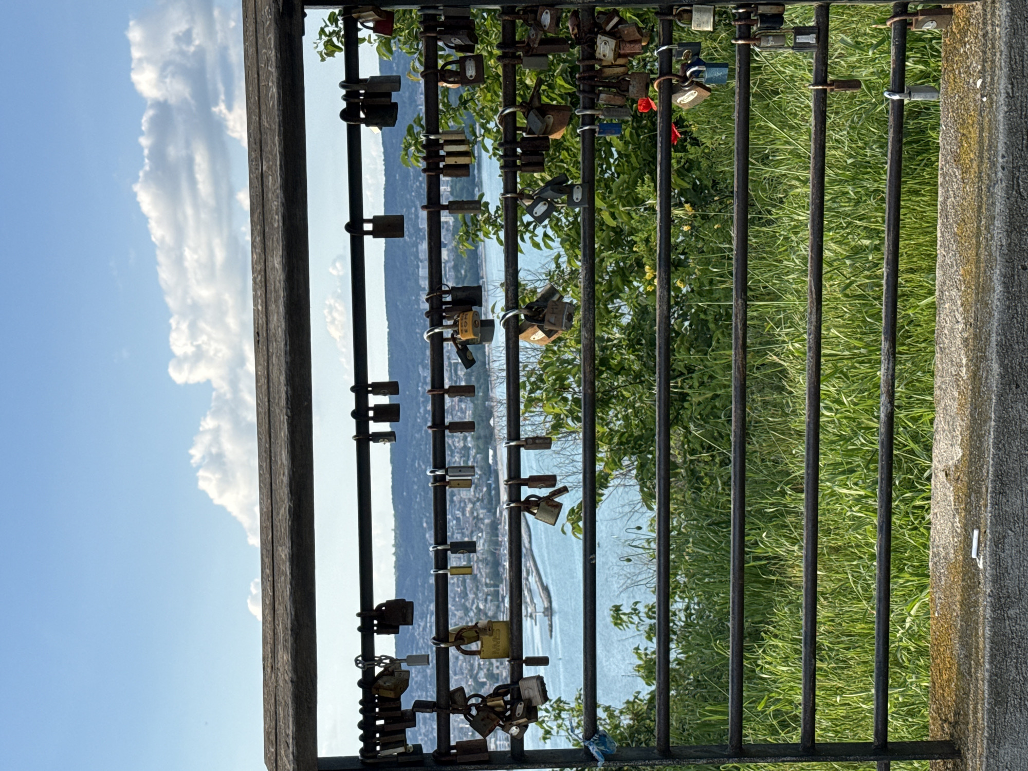 A metal fence, laden with numerous padlocks, serves as the focal point of the image. The background reveals a landscape featuring a body of water, a cityscape, and vegetation. The left side of the frame exhibits a clear sky with cumulus clouds. The setting is likely in Varna, Bulgaria, given the presence of "love locks" which are a common feature on bridges and scenic overlooks in many cities, including Varna. The padlocks, of varying sizes, colors, and states of weathering, are attached to the fence bars, presumably as symbols of love and commitment. The fence provides a structured foreground, while the cityscape and body of water offer depth to the composition. The scene appears to be outdoors, with the sun illuminating the landscape. No people are visible in the frame.