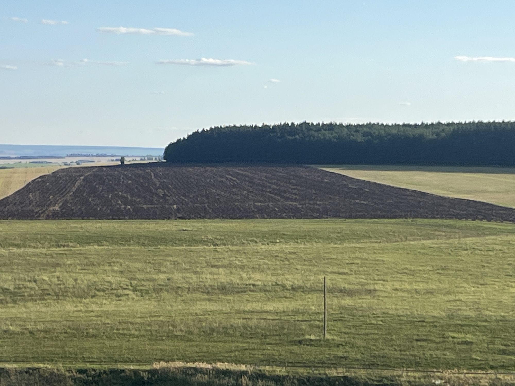 The image depicts a rural landscape under a bright blue sky with sparse, wispy clouds. In the foreground, a vast expanse of green grass stretches across the frame, with a vertical wooden post standing in the middle of the field. Behind this, a large, dark, freshly plowed field occupies the middle ground, its rich soil contrasting with the surrounding greenery. This plowed area forms a distinct diagonal line, suggesting a vast agricultural operation. Further in the background, a dense line of dark green trees forms a natural border, with rolling hills and a distant horizon visible beyond them. The overall scene is one of agricultural activity and natural landscape in what appears to be a sunny day. The specific location in Srednie Pinyachi, Russia, is not visually identifiable within the image itself but is provided as context.