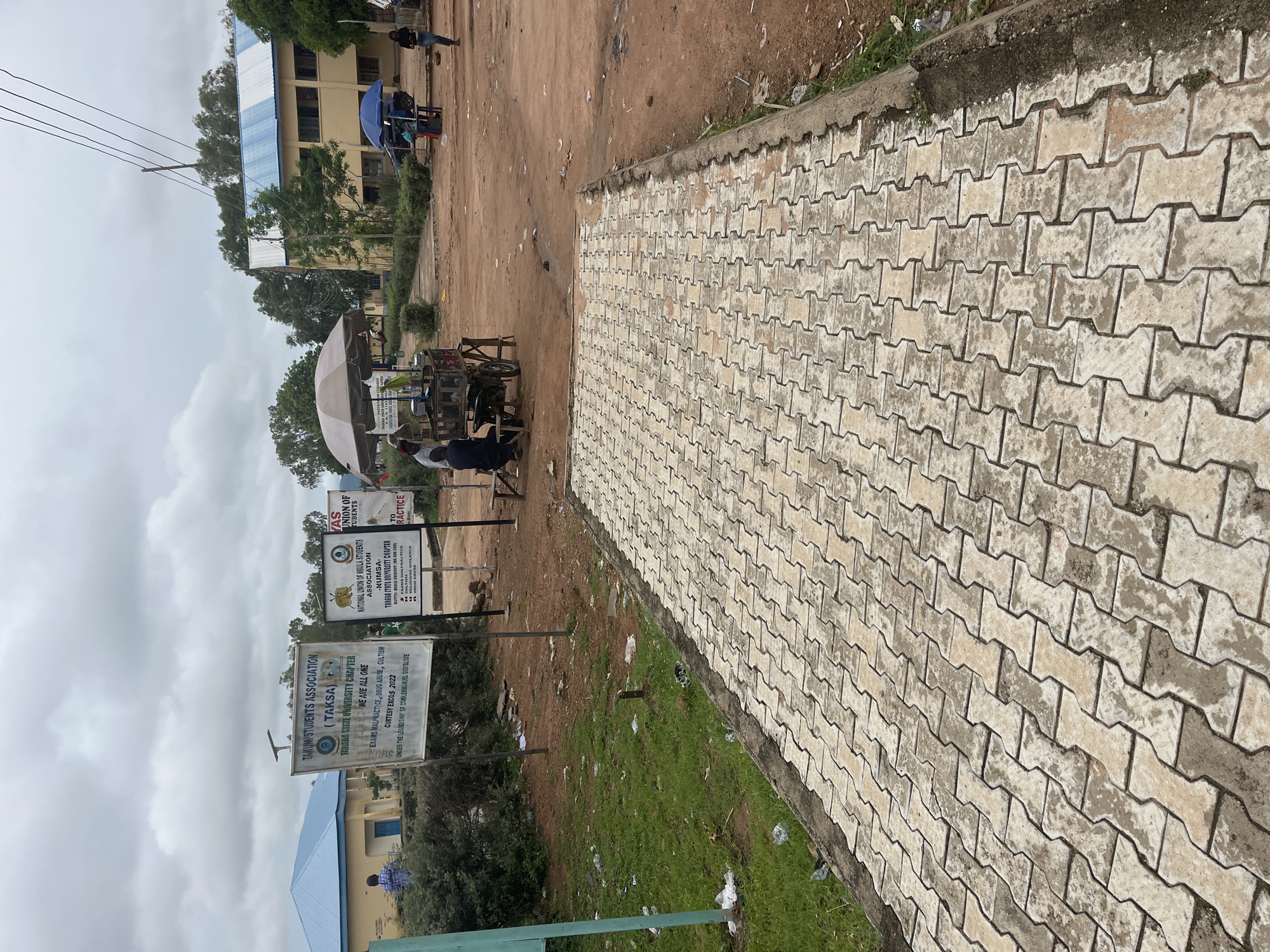 The image captures an outdoor scene in Jalingo, Nigeria, likely on a university campus given the presence of student association banners and institutional buildings. In the foreground, a paved walkway made of interlocking bricks runs diagonally across the frame. To the left of the walkway, a patch of green grass is visible, with some litter scattered on it.
Further back, two large banners are displayed on poles. The banner on the left, for the Taraba State University Chapter of the Taraba Students Association (TAKSA), lists "EXAMS MALPRACTICE, DRUG ABUSE, CULTISM" as issues to be addressed. The banner on the right, for the National Union of Mu'alla Students Association (NUMSA) - Taraba State University Chapter, also mentions "EXAMS MALPRACTICE," along with "RELIGIOUS VIOLENCE" and "UBUNG ABUSU."
Behind the banners, a vendor's cart with an umbrella is set up, with a few people standing around it, suggesting a small marketplace or gathering spot. In the background, a light yellow building with a blue and white roof is visible, possibly an academic or administrative building. Another building, further in the distance, also appears to be part of the same complex. The overall environment is somewhat dusty with scattered debris, indicating a busy, perhaps unkempt, area. The sky is overcast, suggesting a cloudy day.