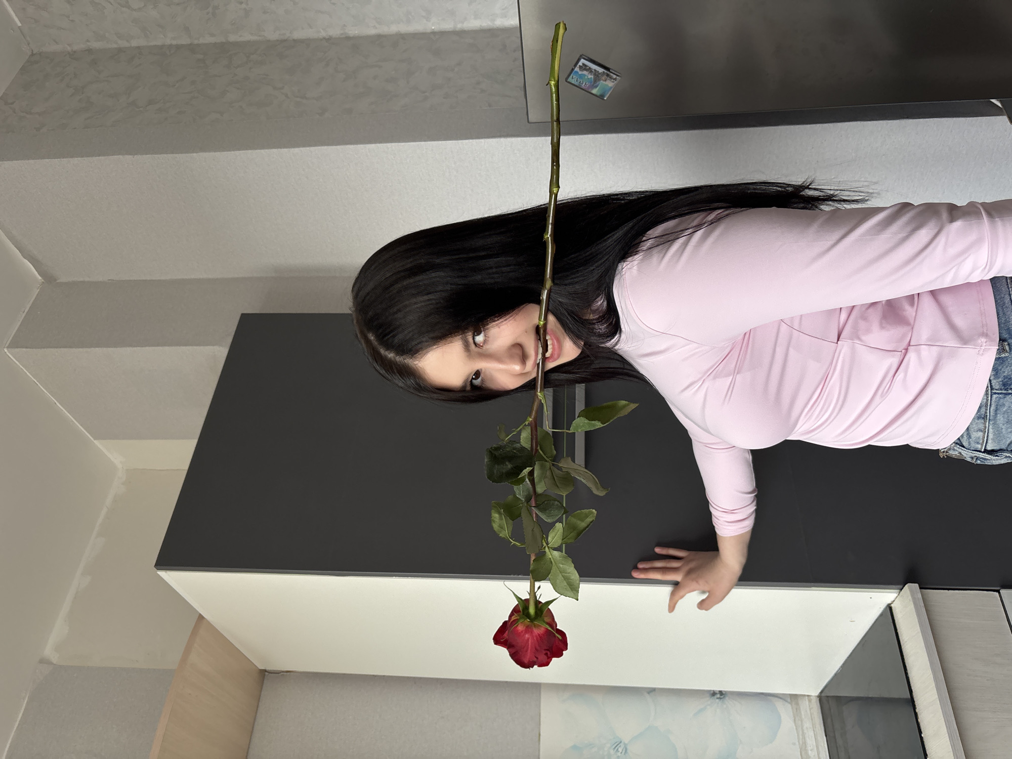 The scene is an interior residential kitchen located in the city of Chaikovsky, Russia. A young adult female, with long dark hair, wearing a light pink long-sleeved top and blue denim jeans, stands facing slightly left of the camera, looking directly forward with a slight smile. A single red rose with green leaves and a long green stem is held horizontally between her teeth, with the bloom facing left. Her right hand rests on the vertical edge of a dark gray kitchen cabinet door. The kitchen features modular cabinetry with white and dark gray panels, a light wood-grained countertop, and a black induction or ceramic cooktop visible on the left. The walls are covered in light gray textured wallpaper. A metallic refrigerator with a small landscape-themed magnet is visible to the right of the woman.