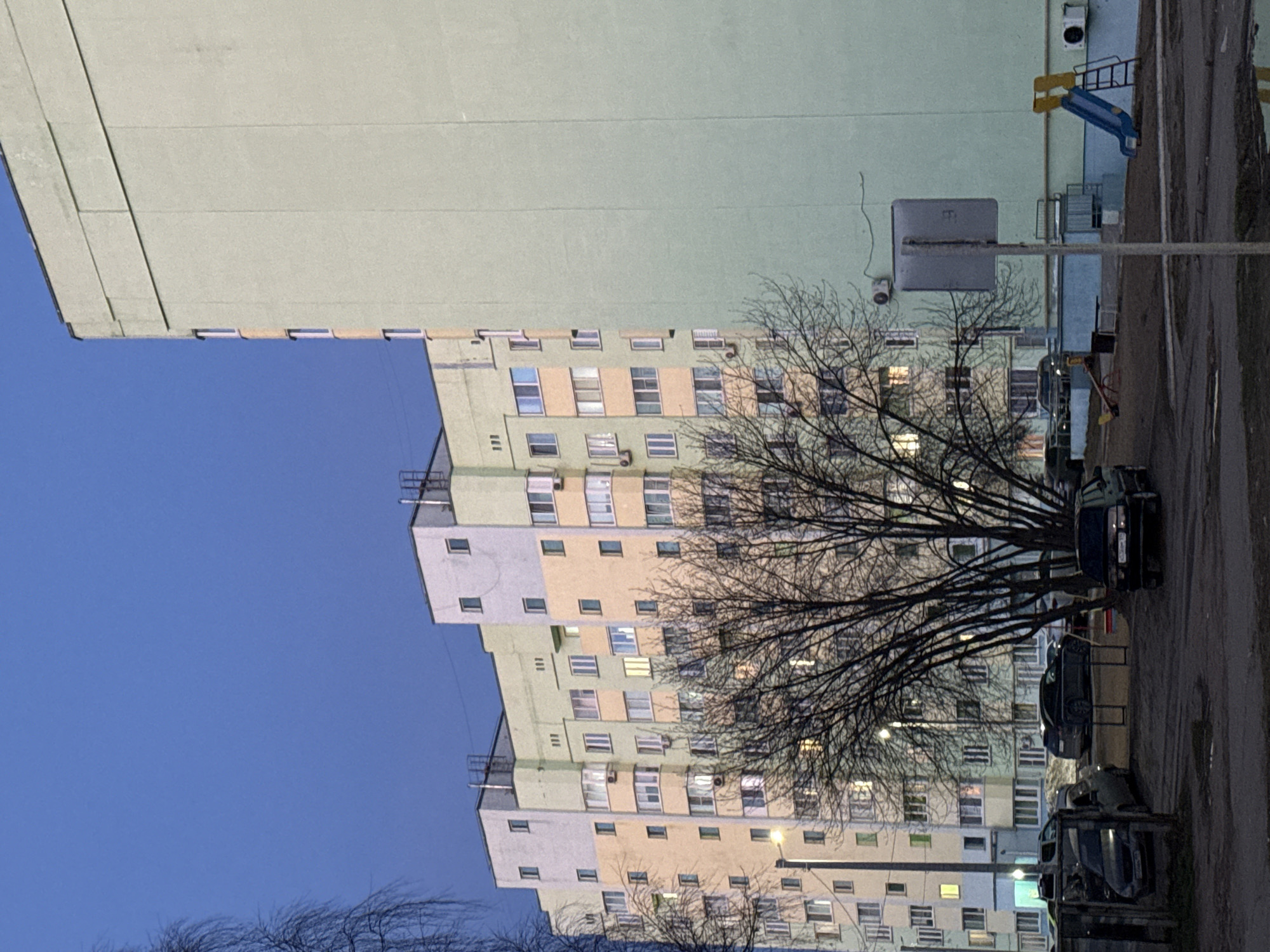 The image depicts a quiet urban scene in Chaikovsky, Russia, at dusk or early night, looking up at several multi-story apartment buildings. The sky is a clear, deep blue, transitioning from twilight to darkness.
In the foreground, a large, light green and beige apartment building rises on the left, characterized by its panel construction and simple facade. In the midground and extending to the right, a second, larger apartment complex features a mix of light green, beige, blue, and white sections. Many of its windows are illuminated, indicating that residents are inside and suggesting the time of day.
Bare, leafless trees, likely deciduous, stand between the viewer and the buildings, their intricate branches forming dark silhouettes against the evening sky and lighted windows. Several dark-colored cars are parked along what appears to be a street or parking area on the right, partially obscured by the trees.
Other visible urban elements include streetlights, a grey rectangular sign on a pole (text is not discernible), and a children's playground with a blue and yellow slide and additional equipment on the far right. The architectural style of the buildings is typical of Soviet-era or post-Soviet residential blocks. The bare trees indicate a cold season, such as late autumn or winter. No people are visible, and no specific activity is occurring, presenting a calm and somewhat somber atmosphere of an urban residential area winding down for the night.